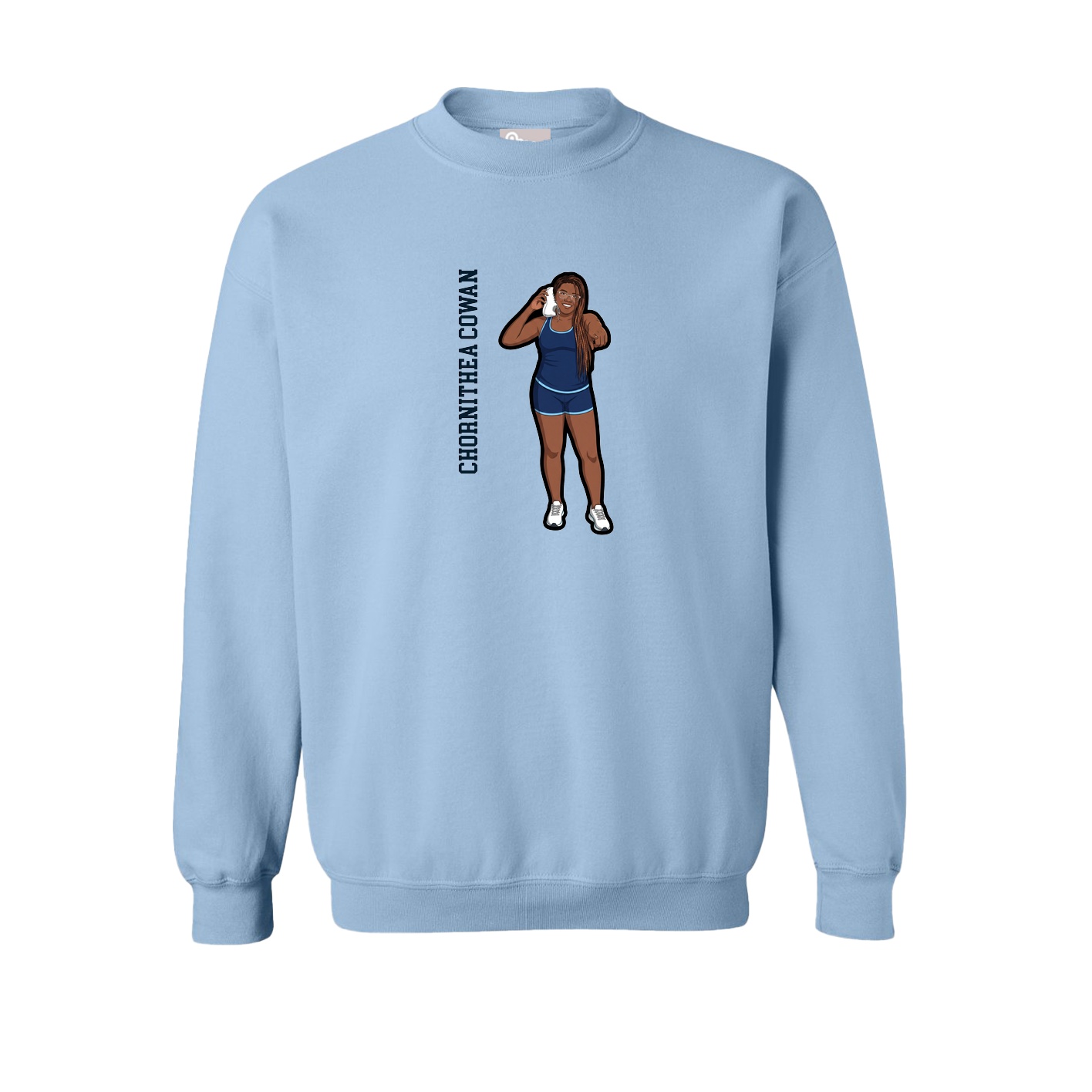 Fleece Crew — Name Vertical in Light Blue