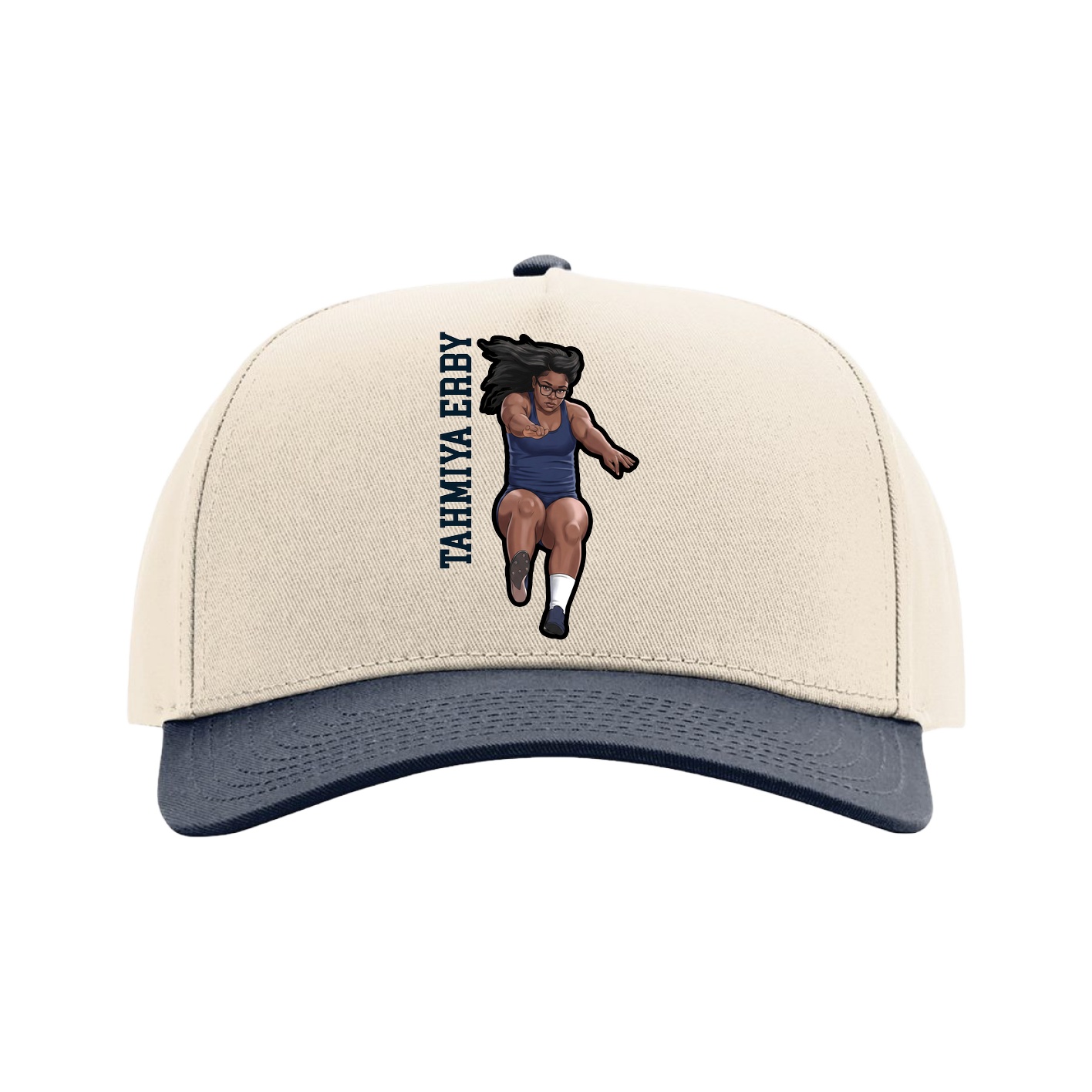 Full Fabric Five-Panel Champ Cap — Name Vertical in Cream/Navy