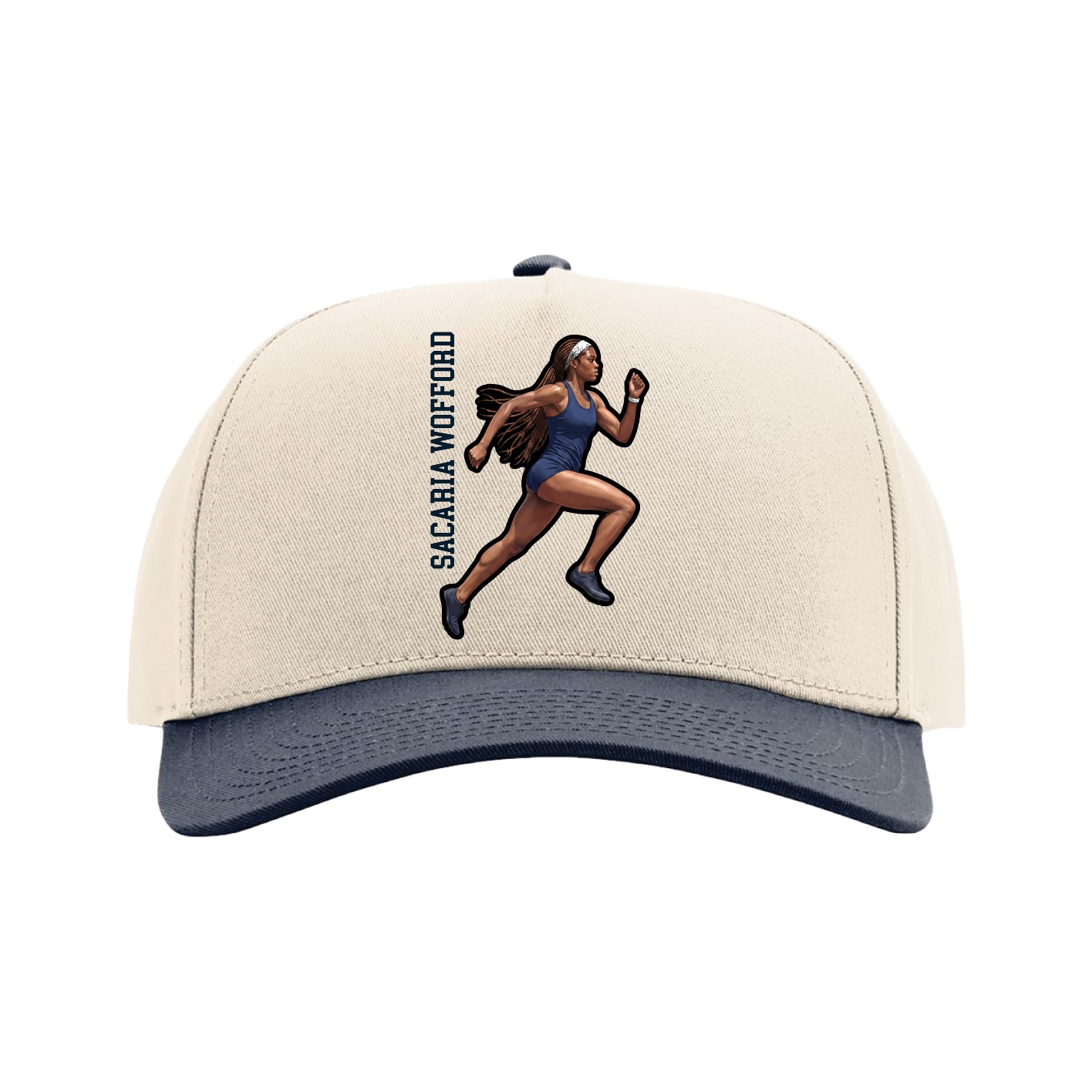 Full Fabric Five-Panel Champ Cap — Name Vertical in Cream/Navy