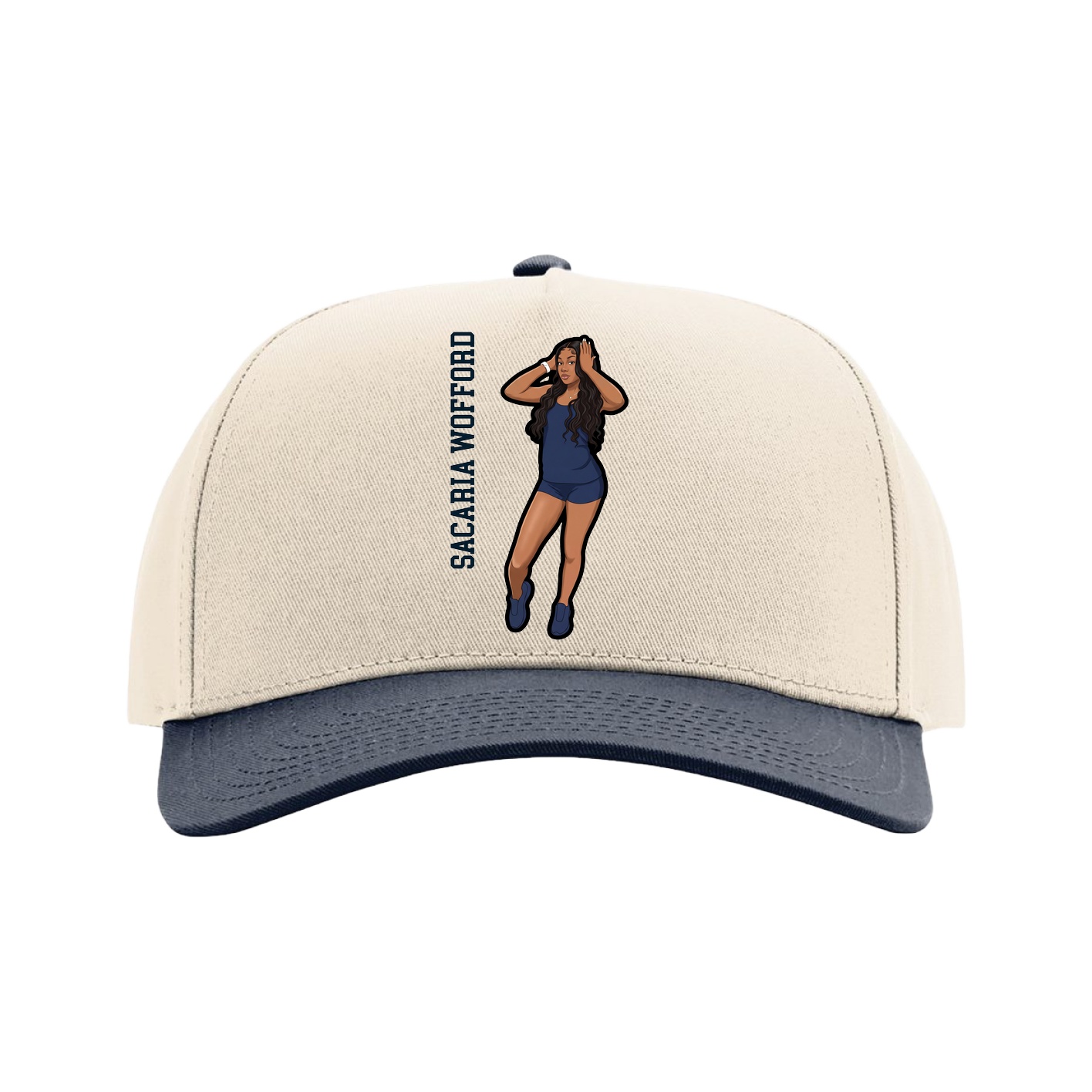 Full Fabric Five-Panel Champ Cap — Name Vertical in Cream/Navy