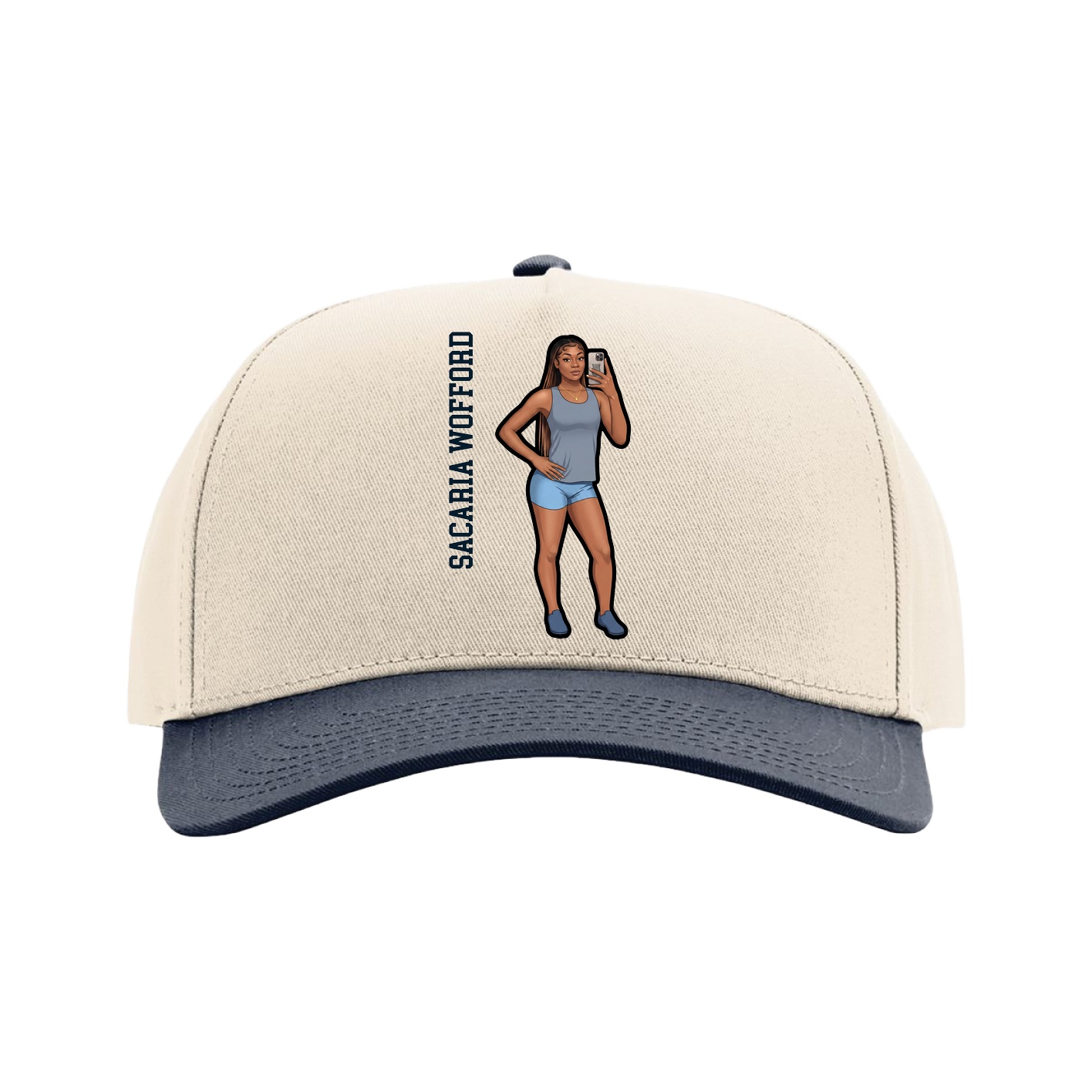 Full Fabric Five-Panel Champ Cap — Name Vertical in Cream/Navy