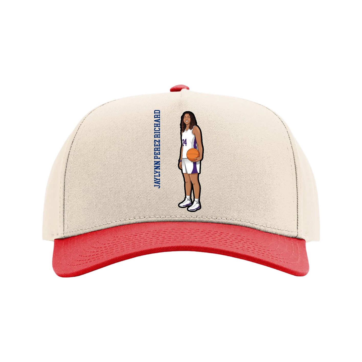 Full Fabric Five-Panel Champ Cap — Name Vertical in Cream/Red