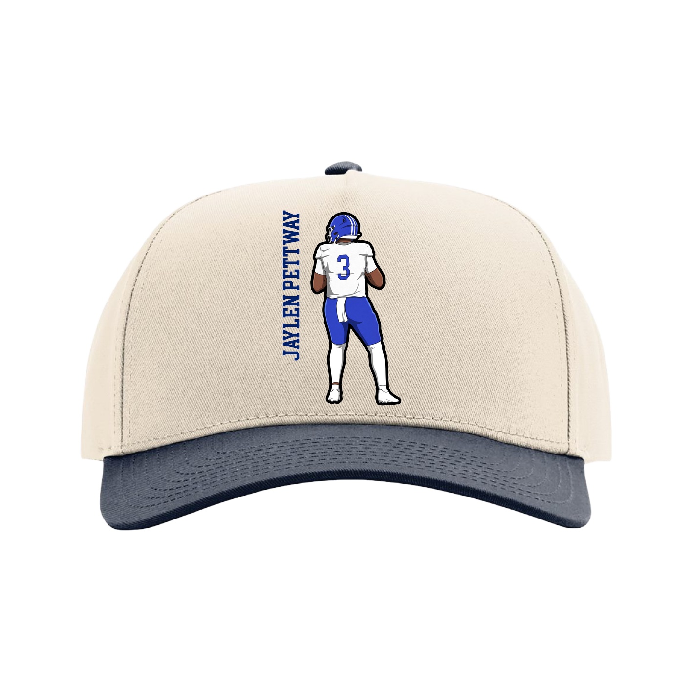 Full Fabric Five-Panel Champ Cap — Name Vertical in Cream/Navy
