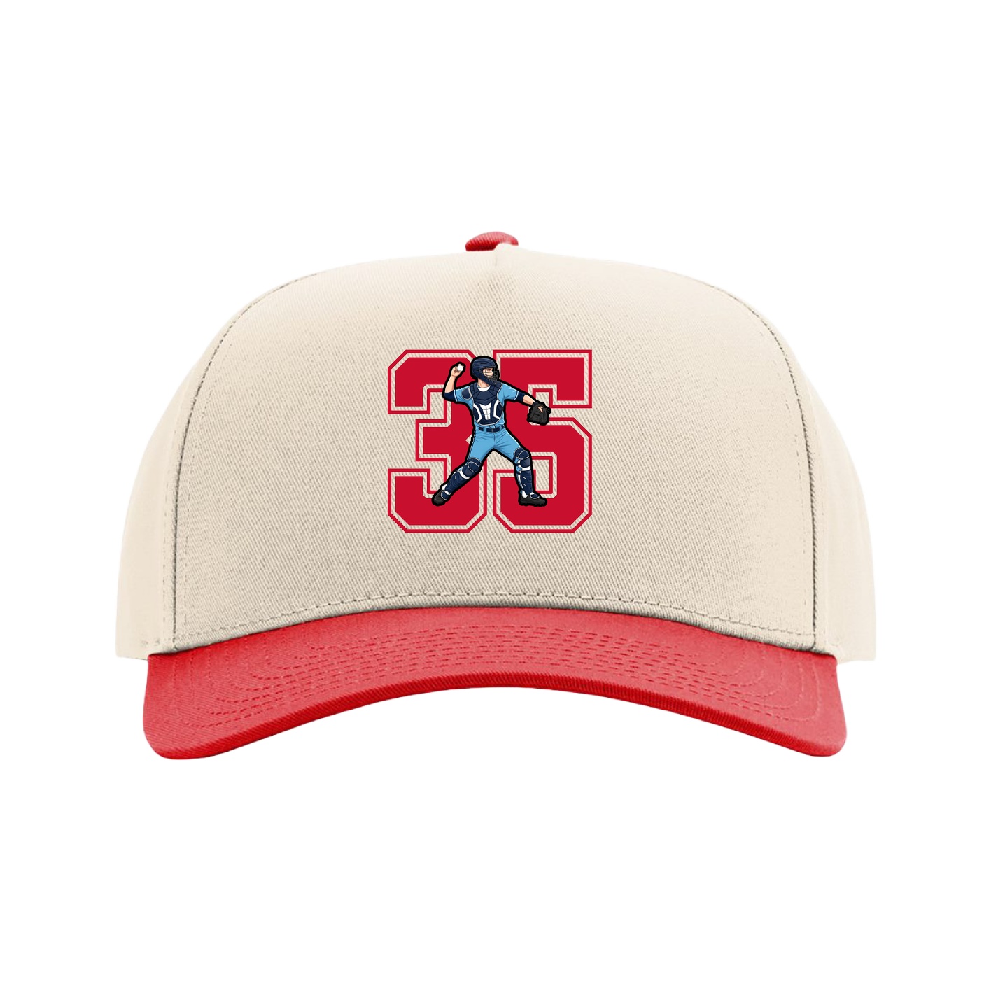 Full Fabric Five-Panel Champ Cap — Number in Cream/Red