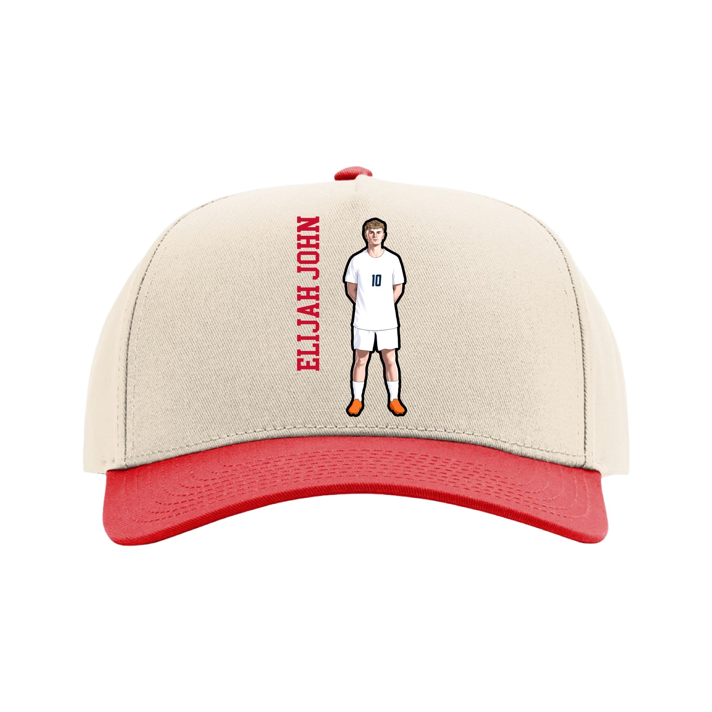 Full Fabric Five-Panel Champ Cap — Name Vertical in Cream/Red