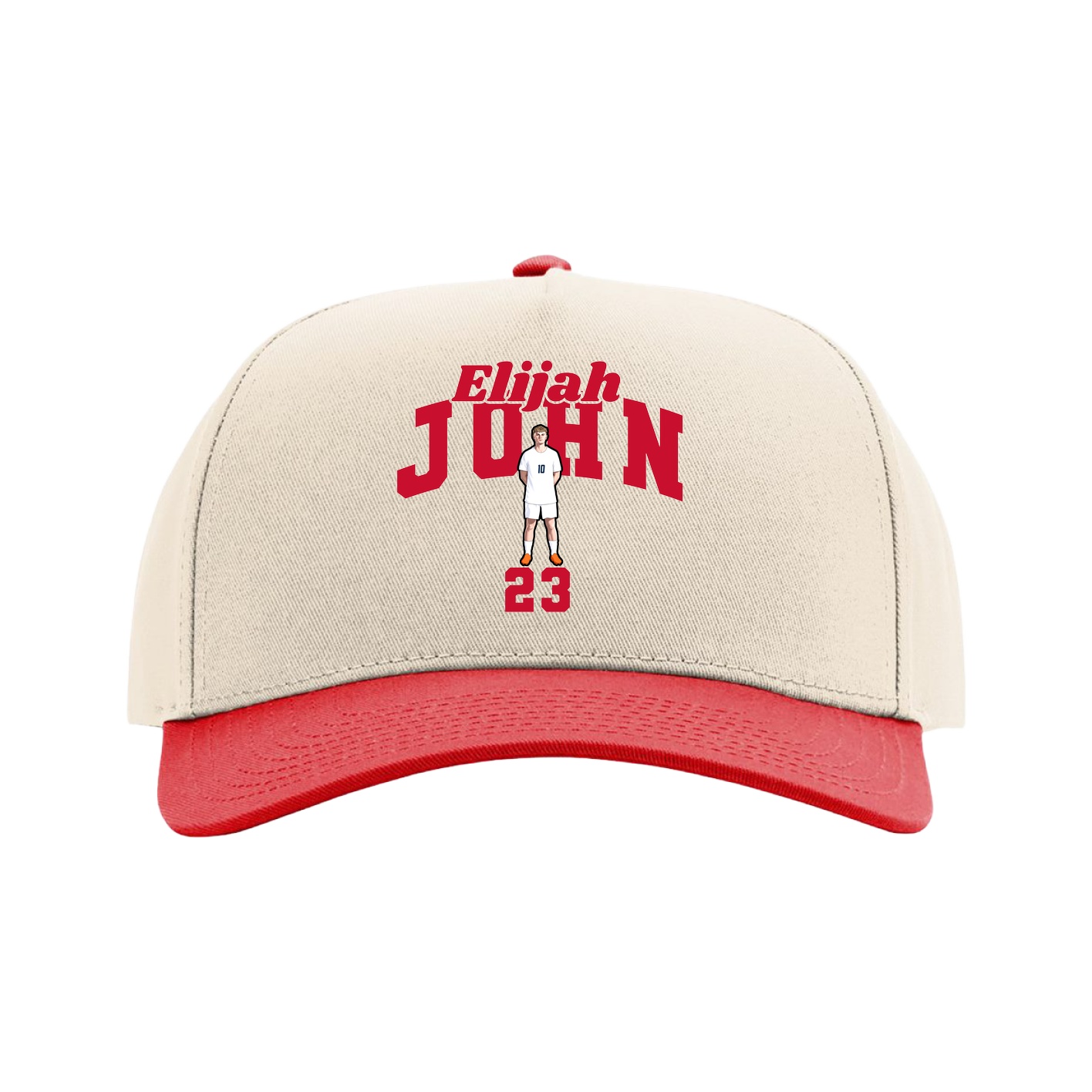 Full Fabric Five-Panel Champ Cap — Signature Arch in Cream/Red