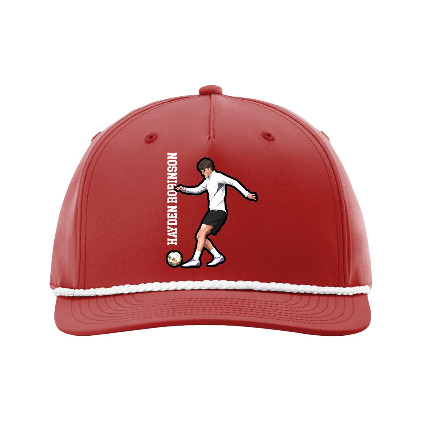 Five-Panel Classic Rope Cap — Name Vertical in Red