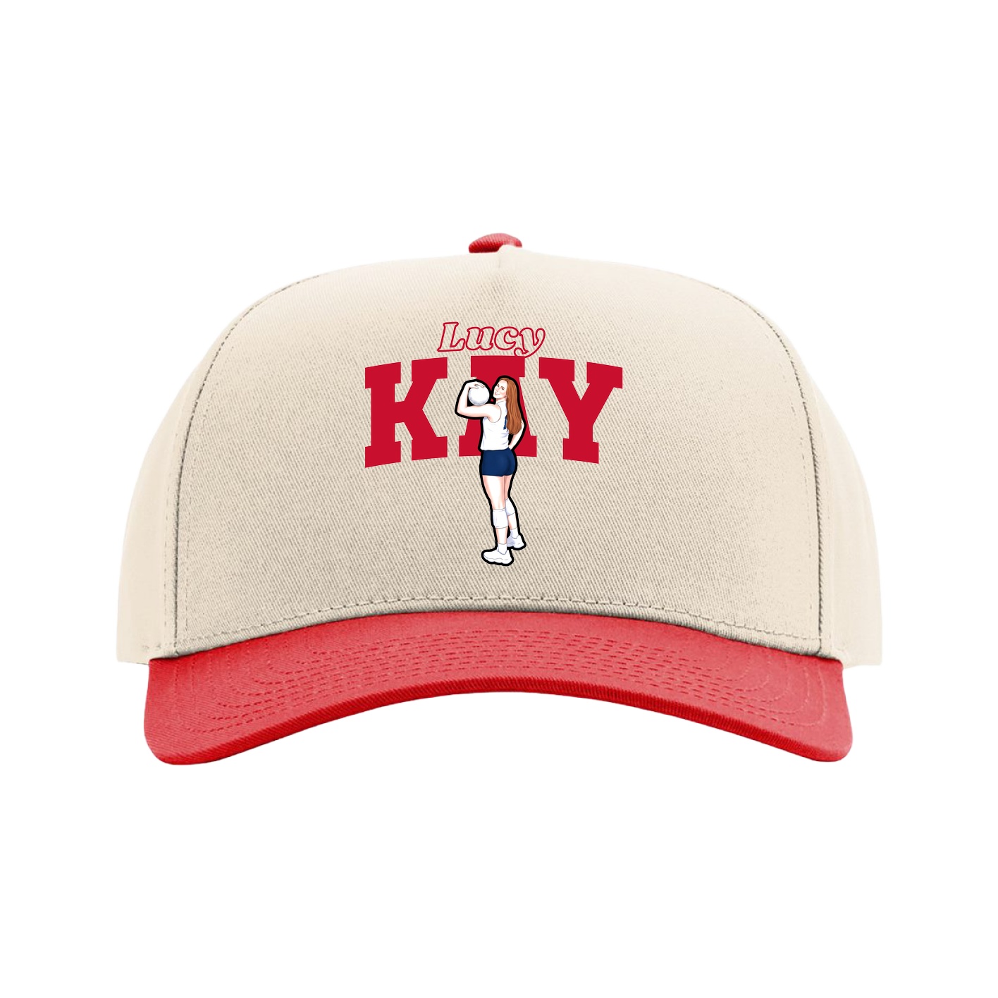 Full Fabric Five-Panel Champ Cap — Name Arch in Cream/Red