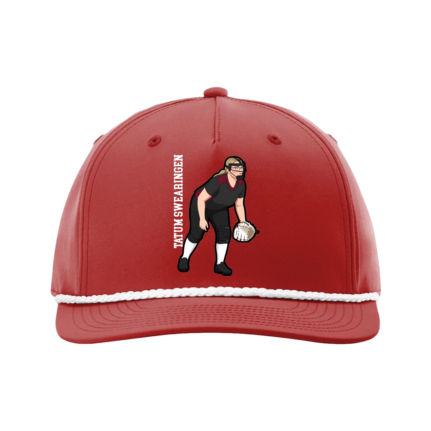 Five-Panel Classic Rope Cap — Name Vertical in Red