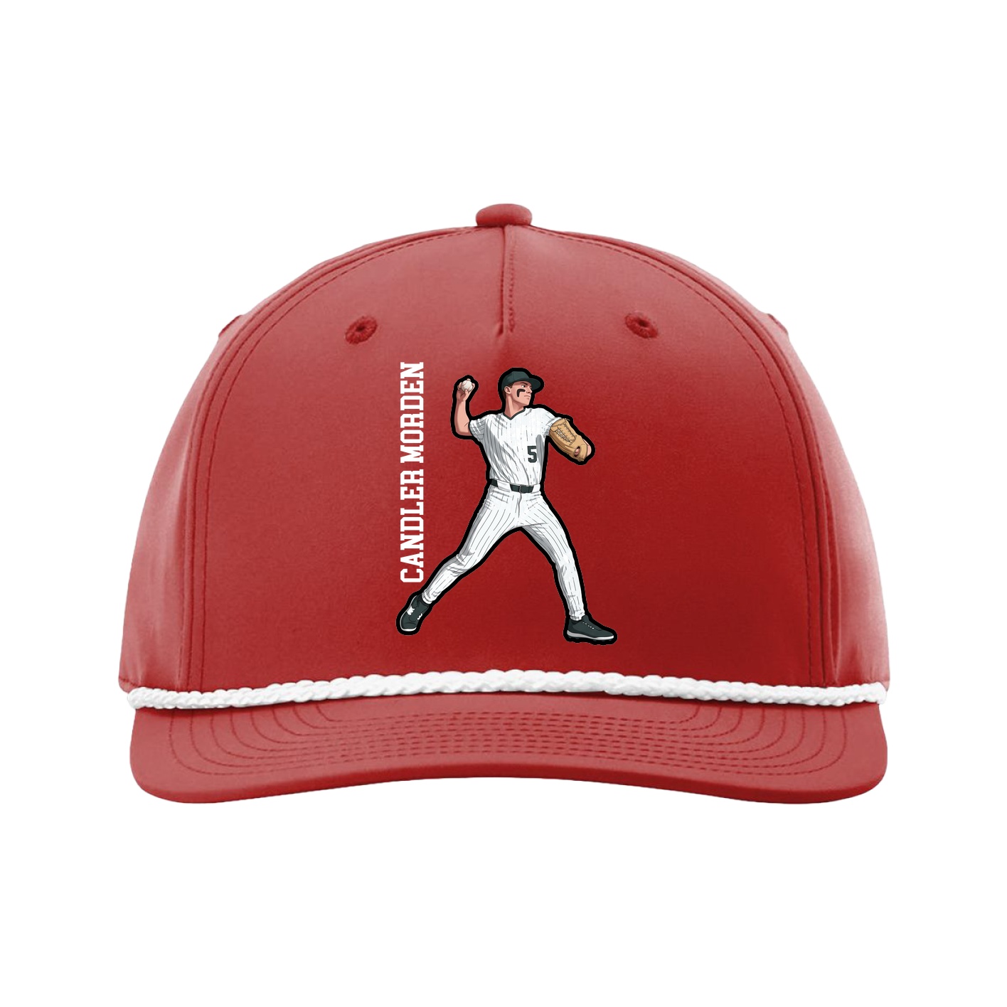 Five-Panel Classic Rope Cap — Name Vertical in Red