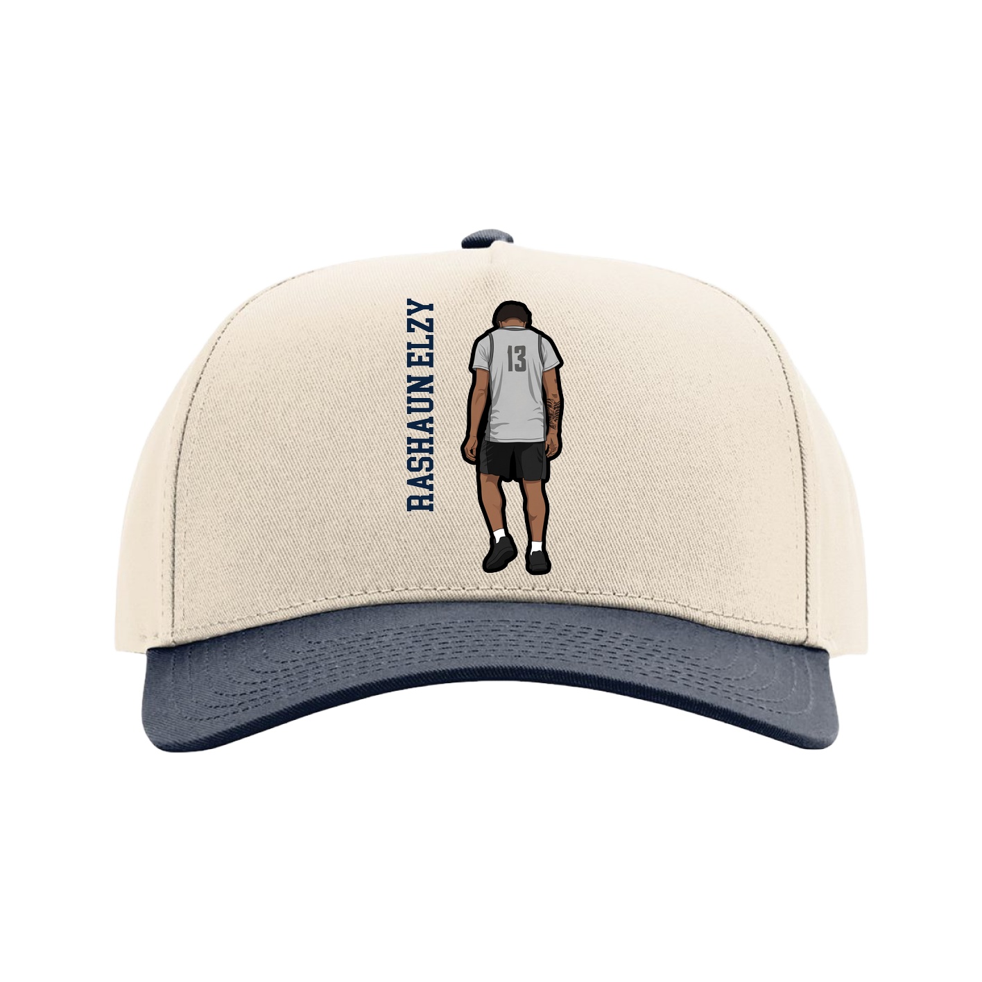 Full Fabric Five-Panel Champ Cap — Name Vertical in Cream/Navy