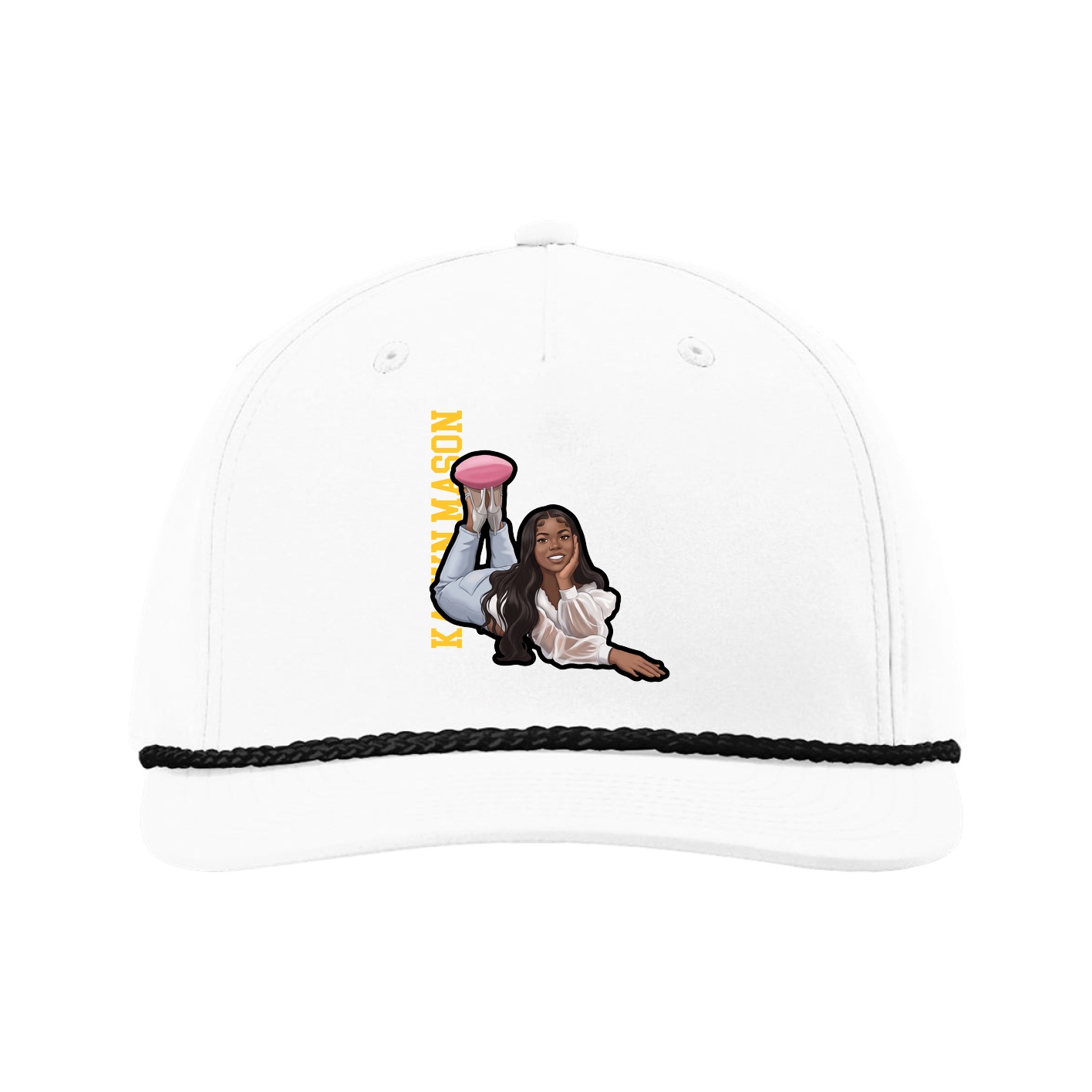 Five-Panel Classic Rope Cap — Name Vertical in White