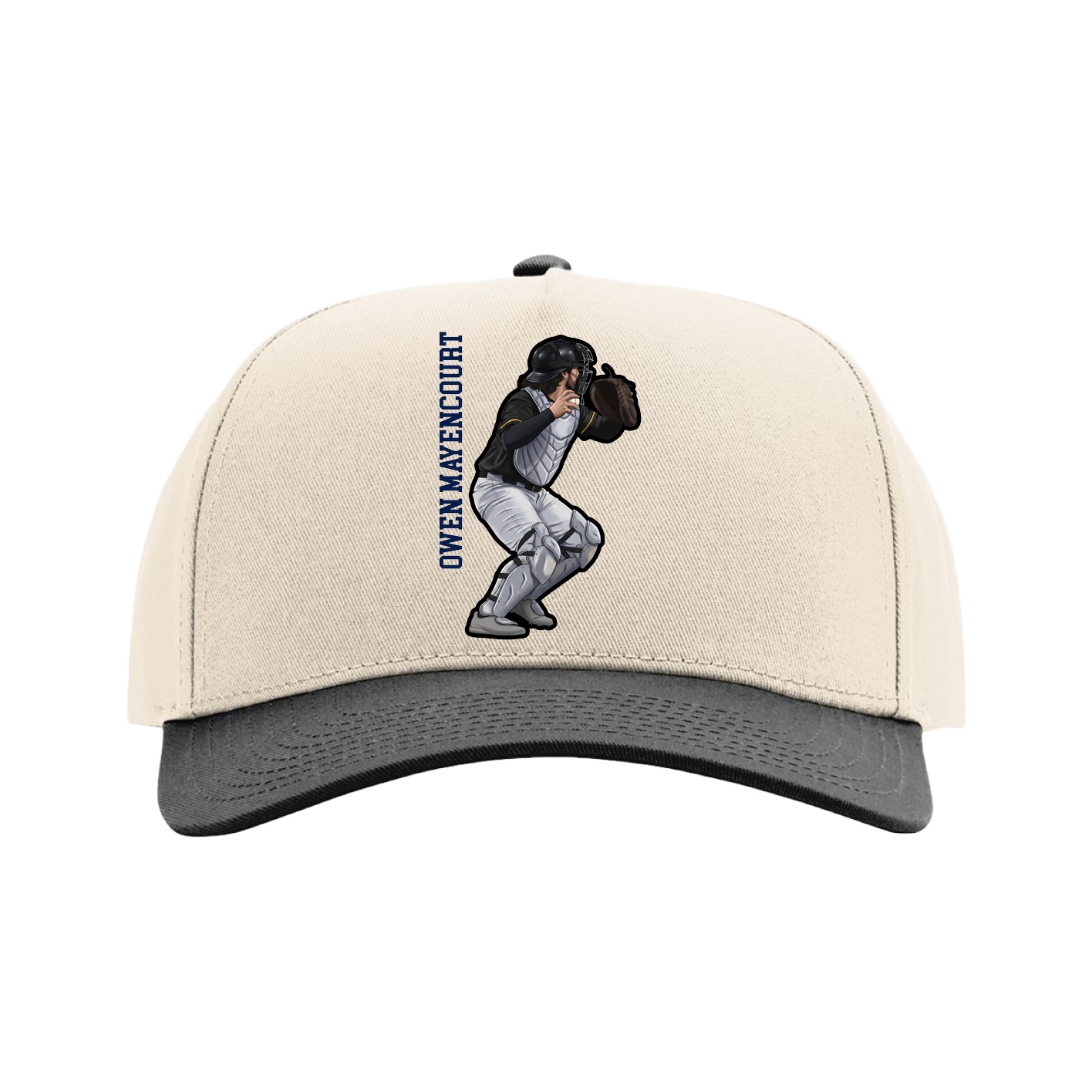 Full Fabric Five-Panel Champ Cap — Name Vertical in Cream/Black