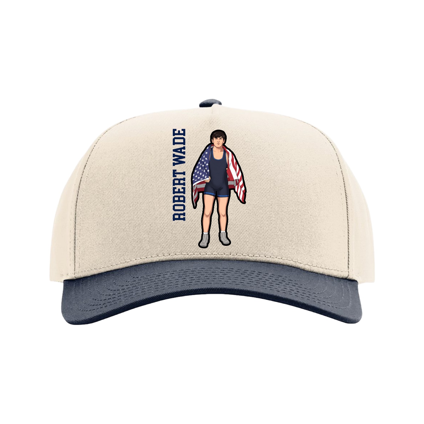 Full Fabric Five-Panel Champ Cap — Name Vertical in Cream/Navy