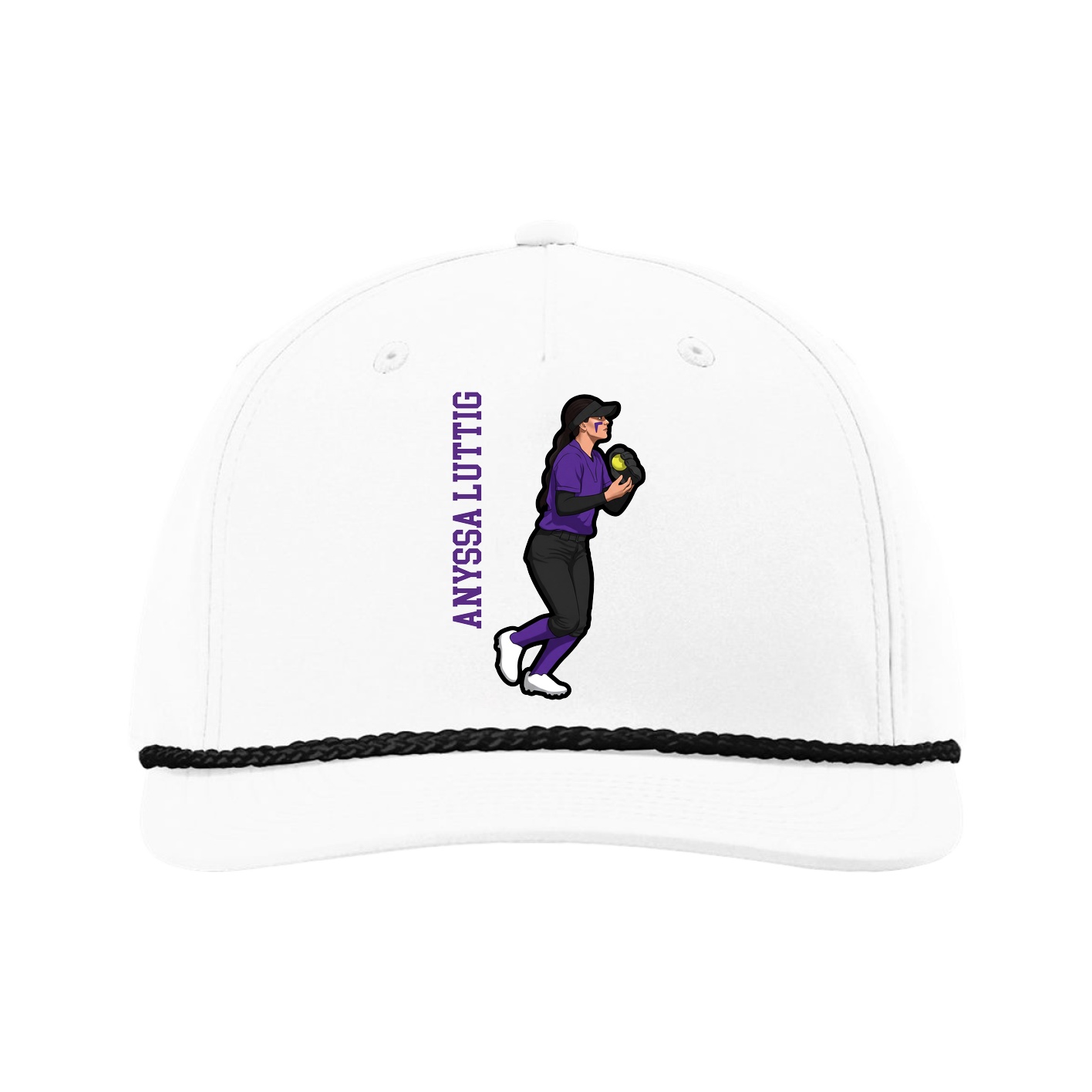 Five-Panel Classic Rope Cap — Name Vertical in White