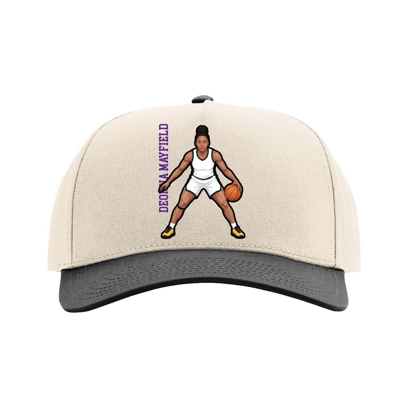Full Fabric Five-Panel Champ Cap — Name Vertical in Cream/Black
