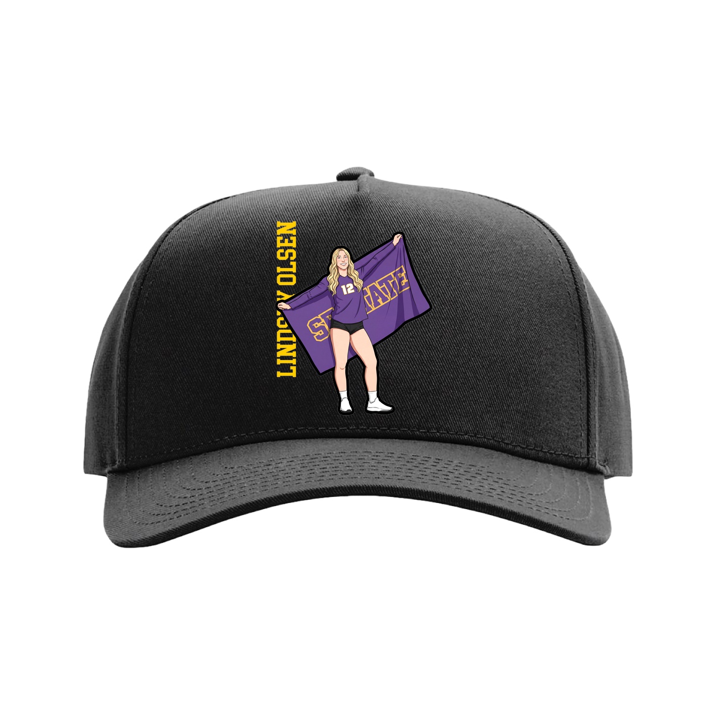 Full Fabric Five-Panel Champ Cap — Name Vertical in Black