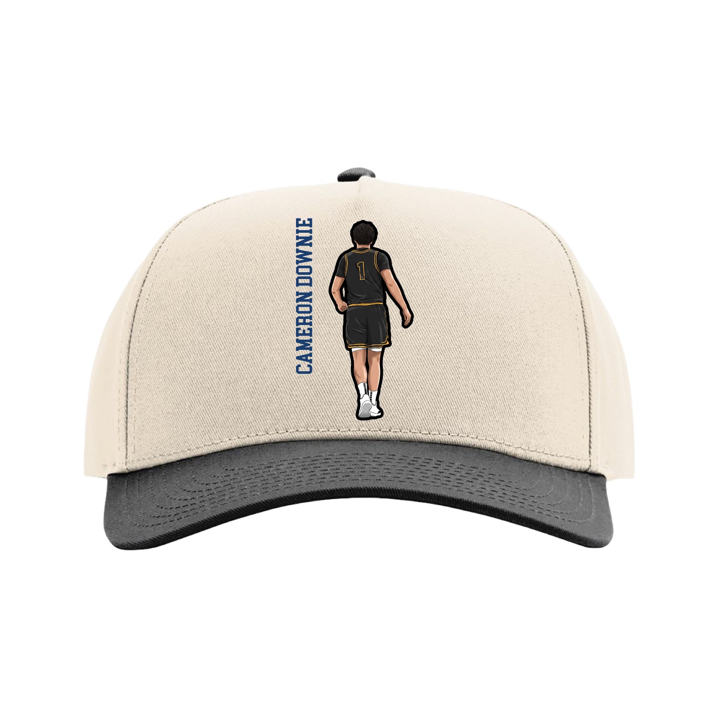 Full Fabric Five-Panel Champ Cap — Name Vertical in Cream/Black