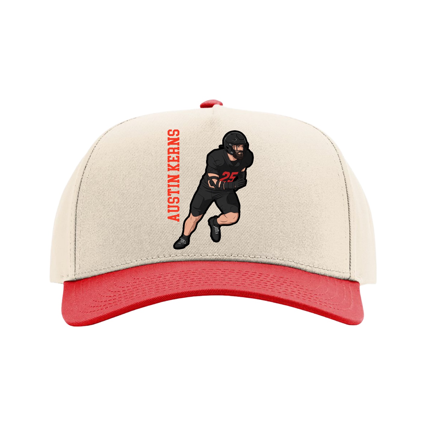 Full Fabric Five-Panel Champ Cap — Name Vertical in Cream/Red