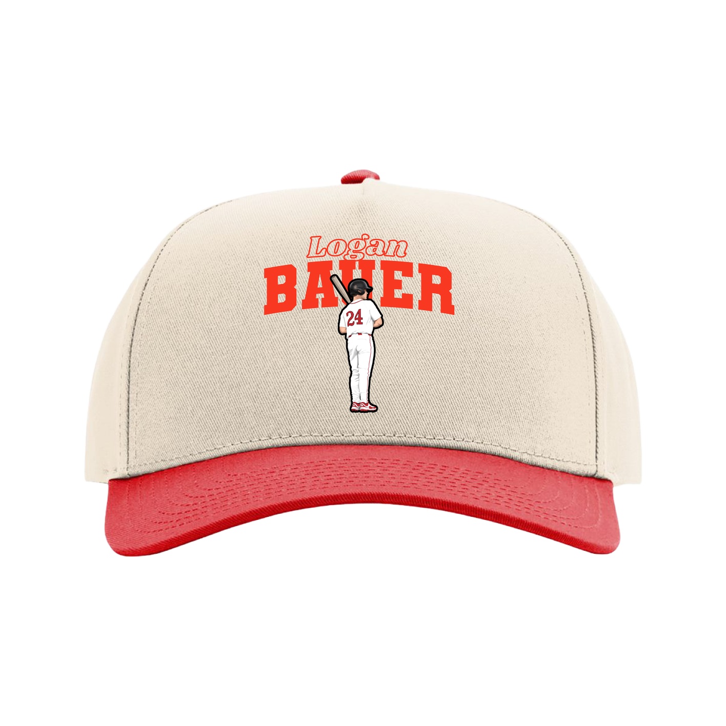 Full Fabric Five-Panel Champ Cap — Name Arch in Cream/Red