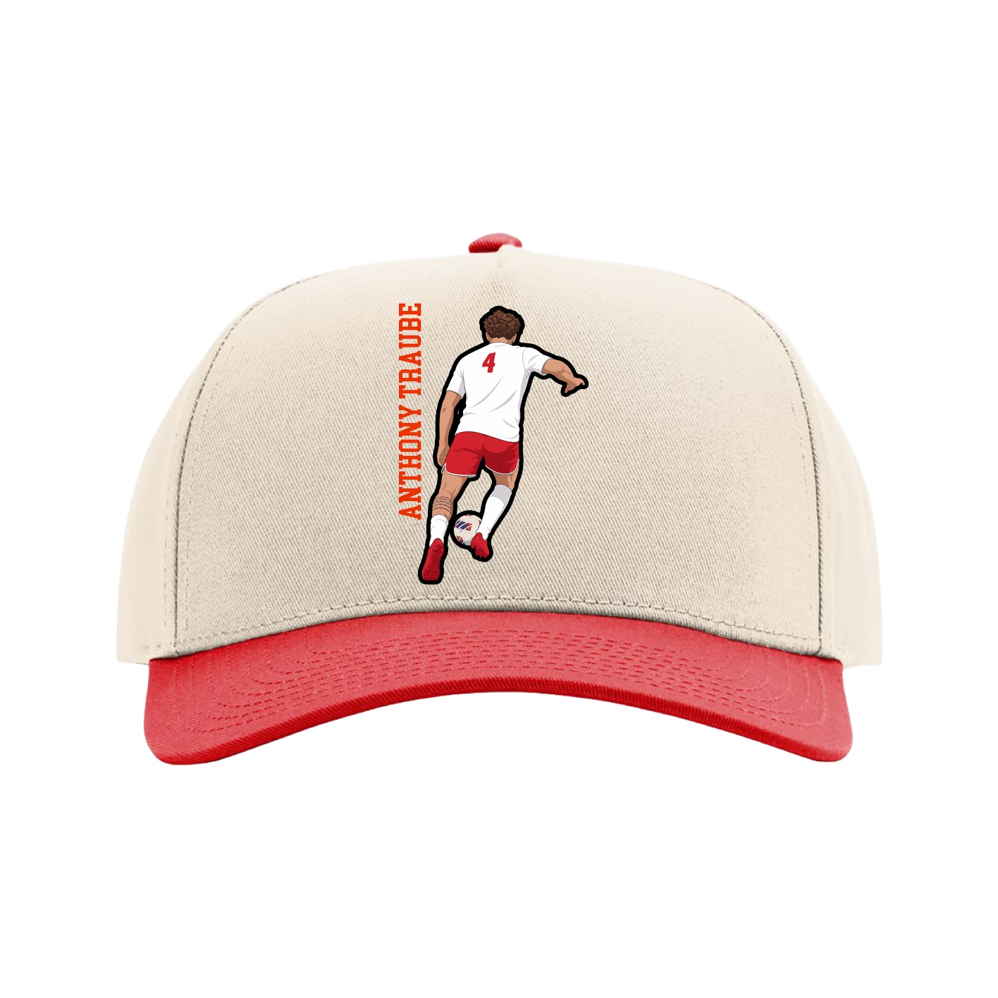 Full Fabric Five-Panel Champ Cap — Name Vertical in Cream/Red