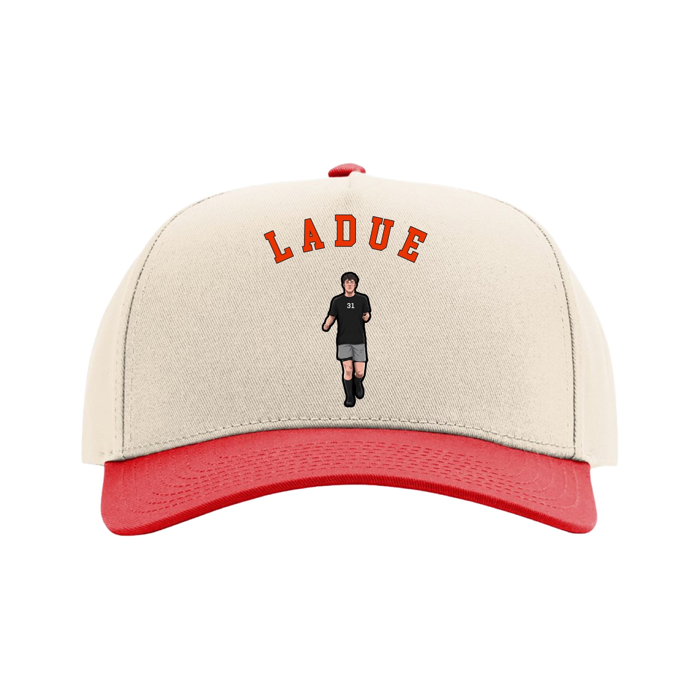 Full Fabric Five-Panel Champ Cap — Shirsey Arch in Cream/Red