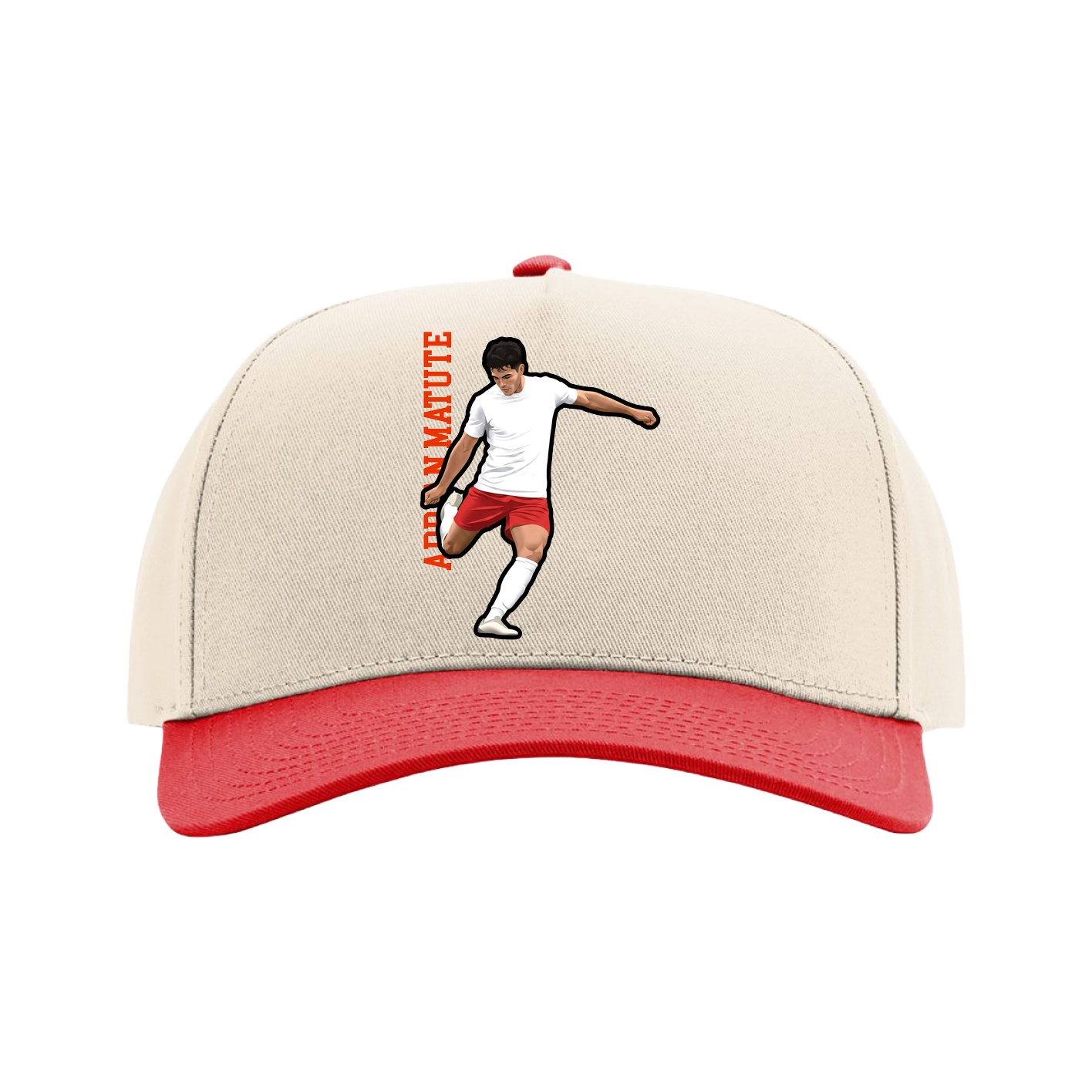Full Fabric Five-Panel Champ Cap — Name Vertical in Cream/Red