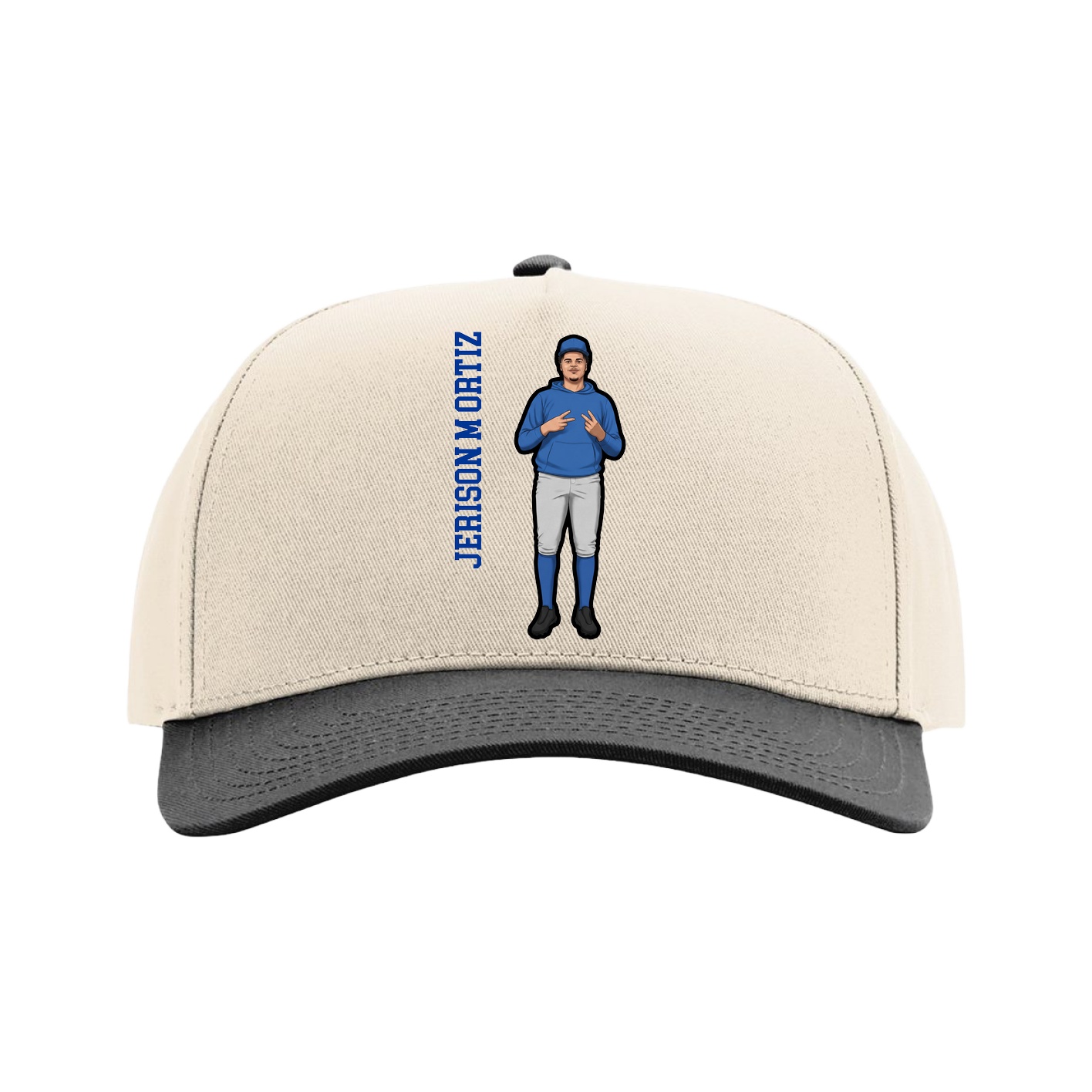 Full Fabric Five-Panel Champ Cap — Name Vertical in Cream/Black