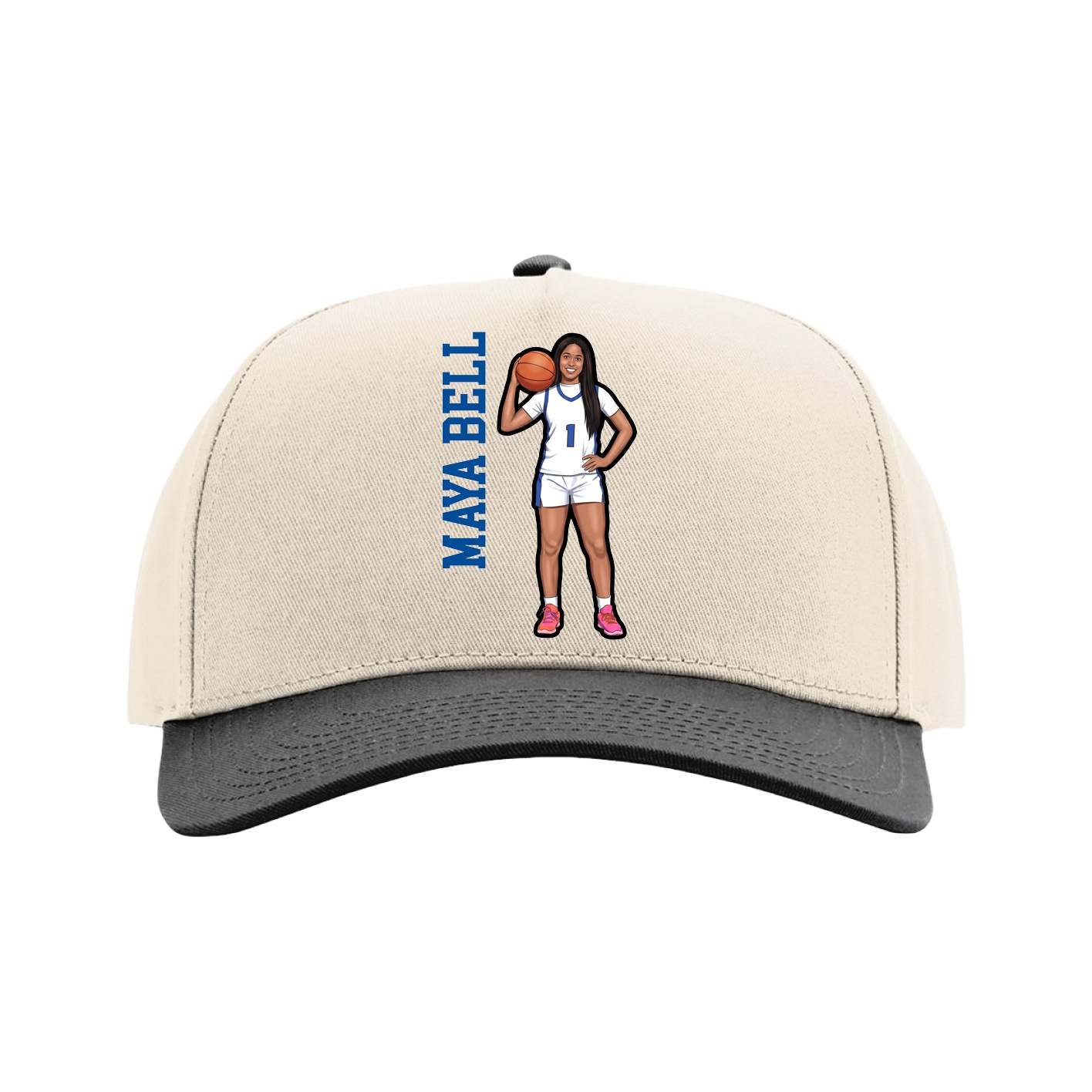 Full Fabric Five-Panel Champ Cap — Name Vertical in Cream/Black