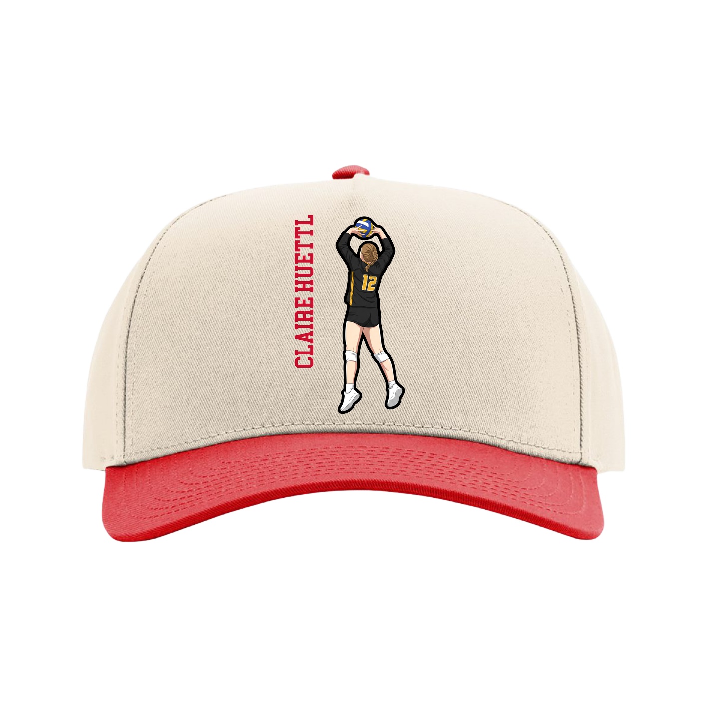 Full Fabric Five-Panel Champ Cap — Name Vertical in Cream/Red