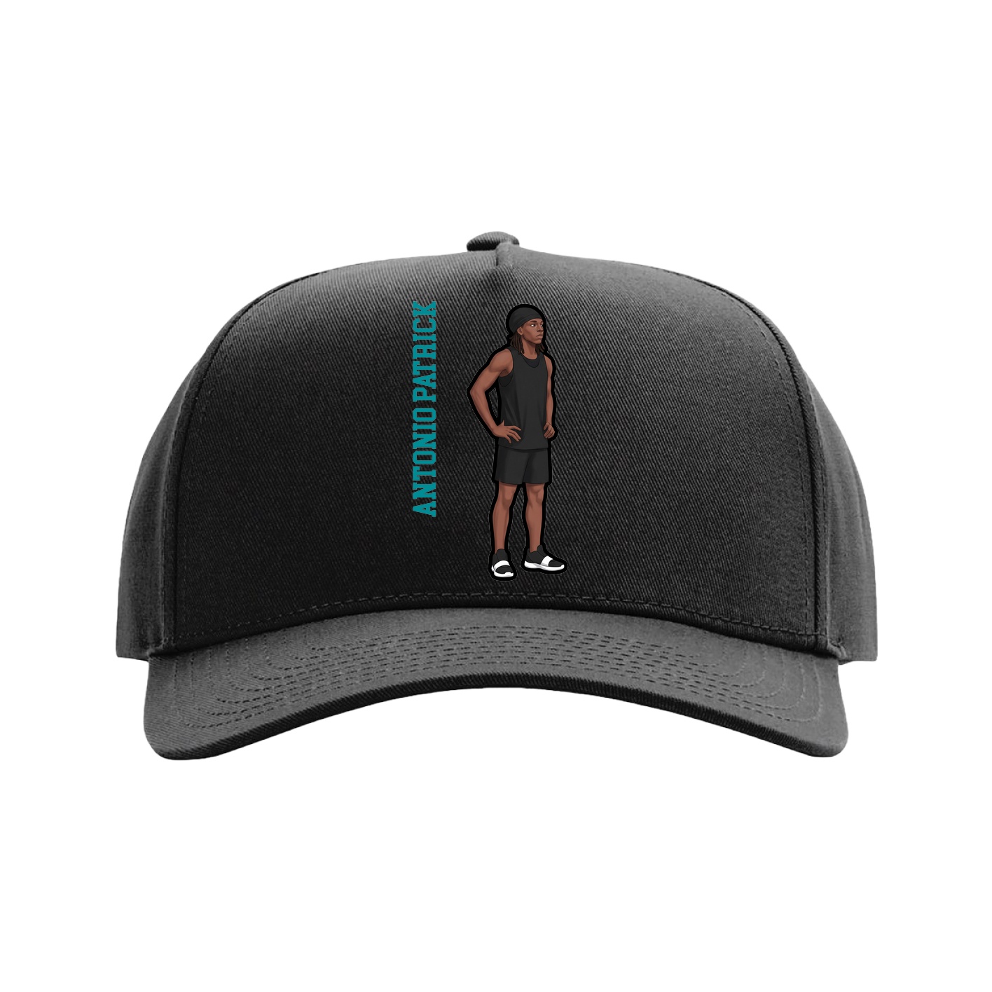 Full Fabric Five-Panel Champ Cap — Name Vertical in Black