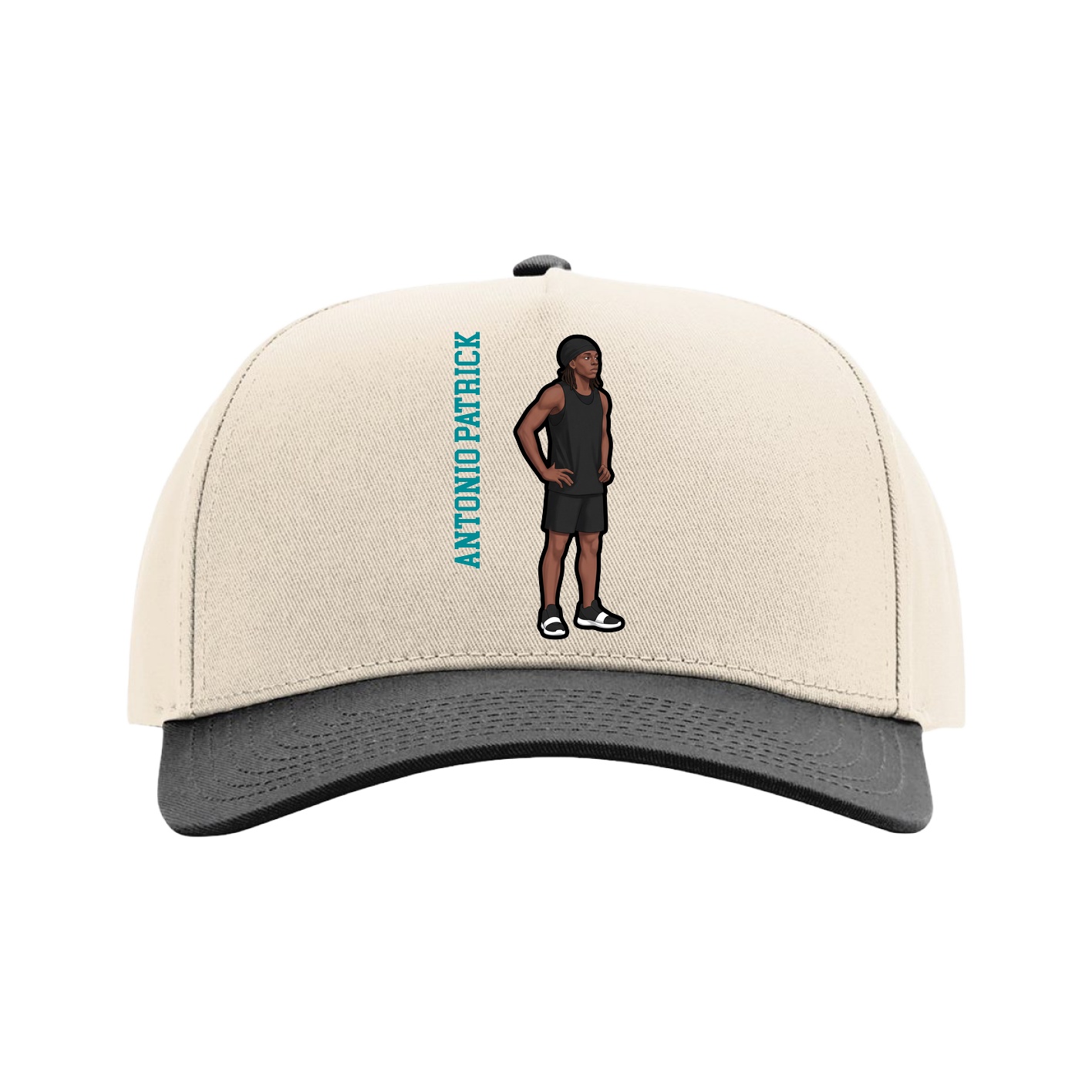 Full Fabric Five-Panel Champ Cap — Name Vertical in Cream/Black