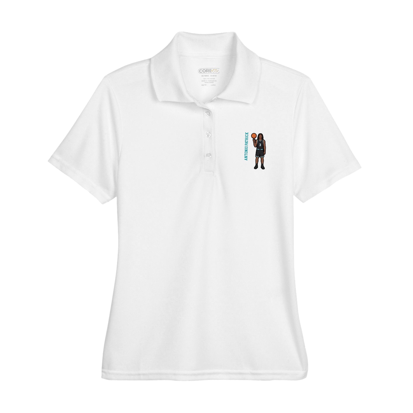 Womens Performance Polo — Name Vertical in White