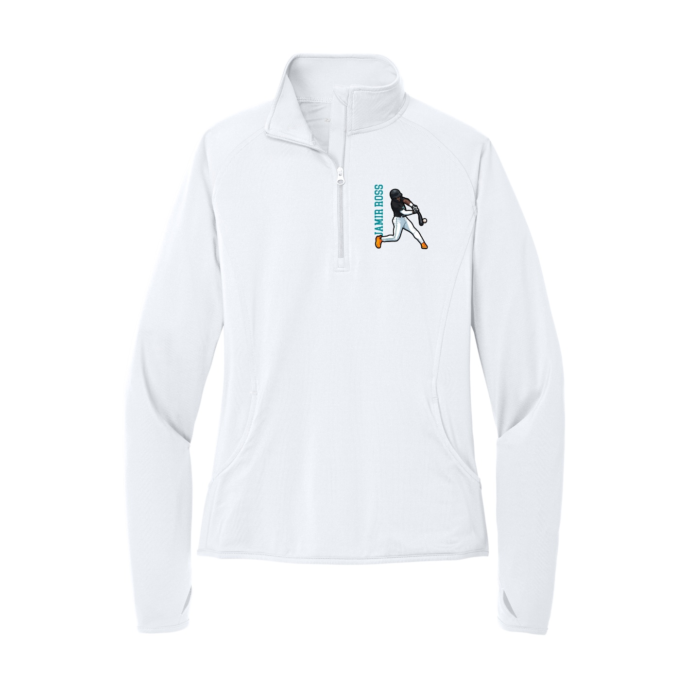 Women's Q-Zip Pullover — Name Vertical in White