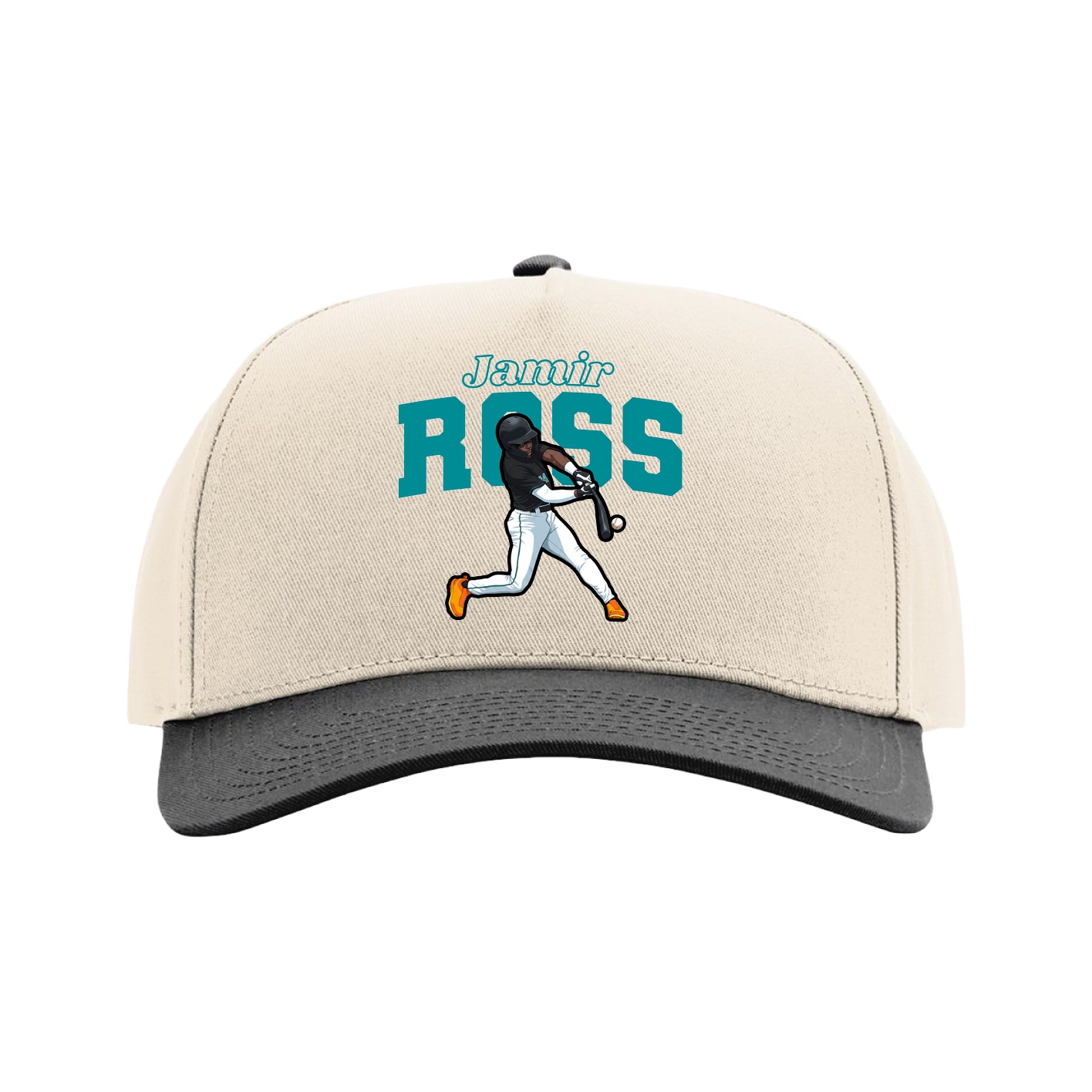 Full Fabric Five-Panel Champ Cap — Name Arch in Cream/Black