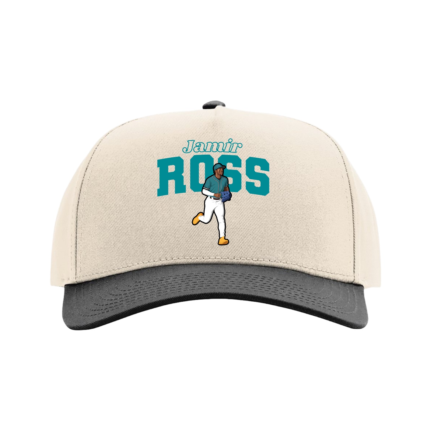 Full Fabric Five-Panel Champ Cap — Name Arch in Cream/Black