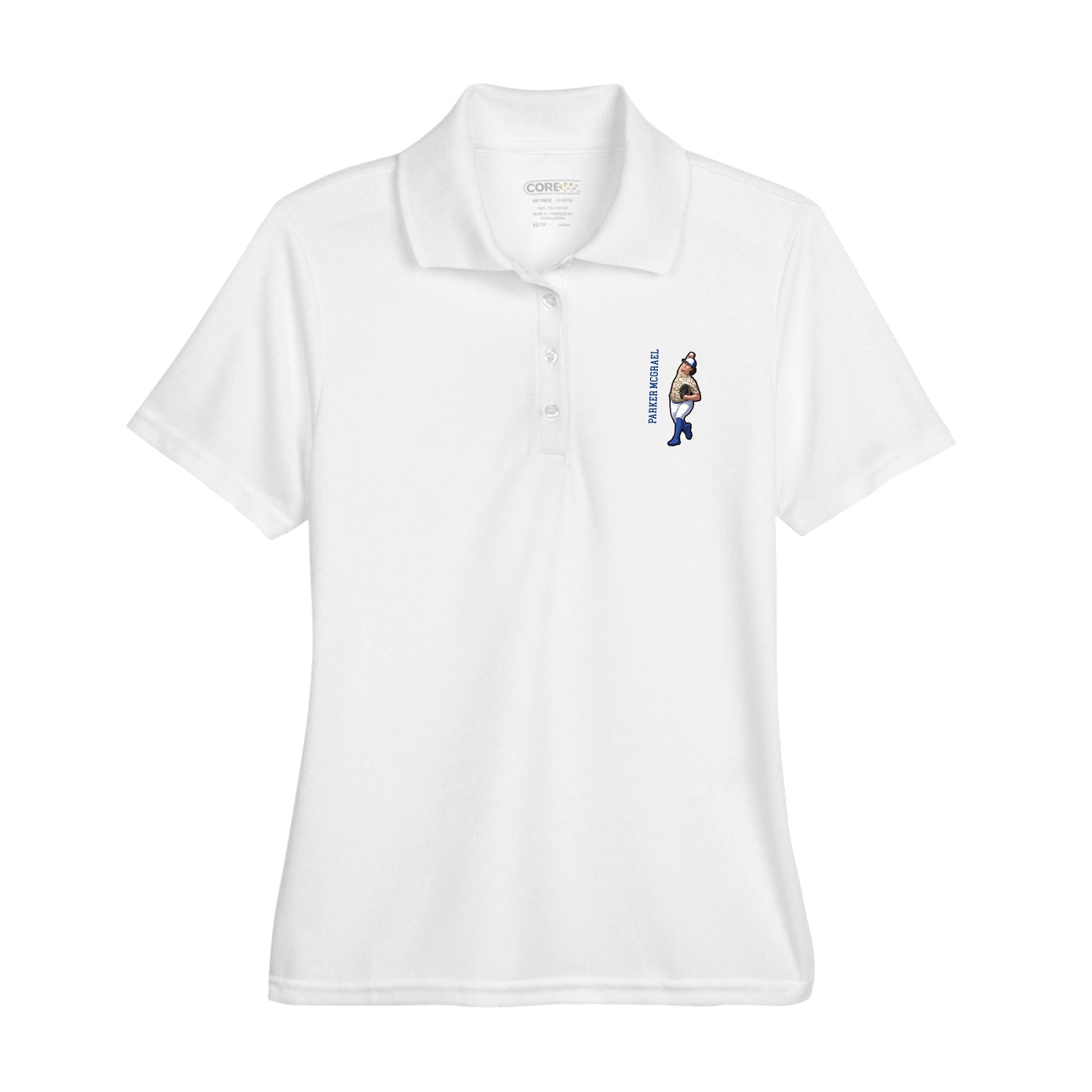 Womens Performance Polo — Name Vertical in White