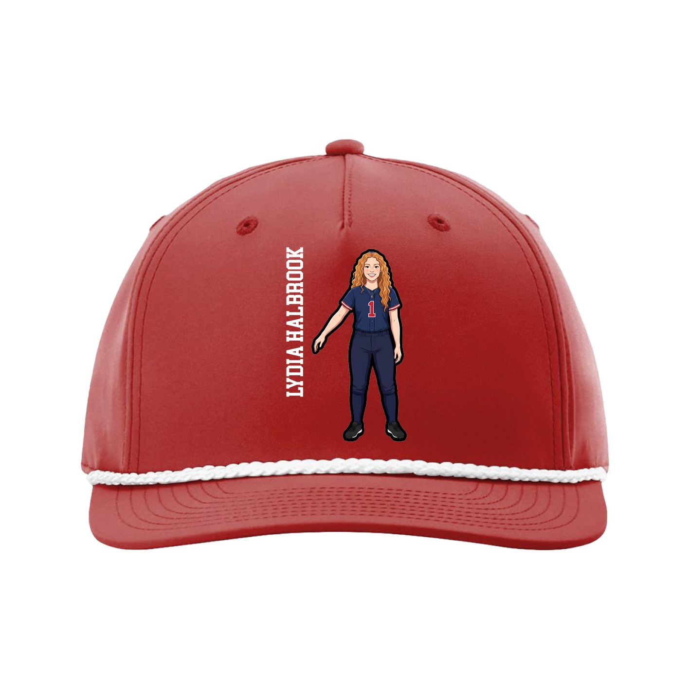 Five-Panel Classic Rope Cap — Name Vertical in Red