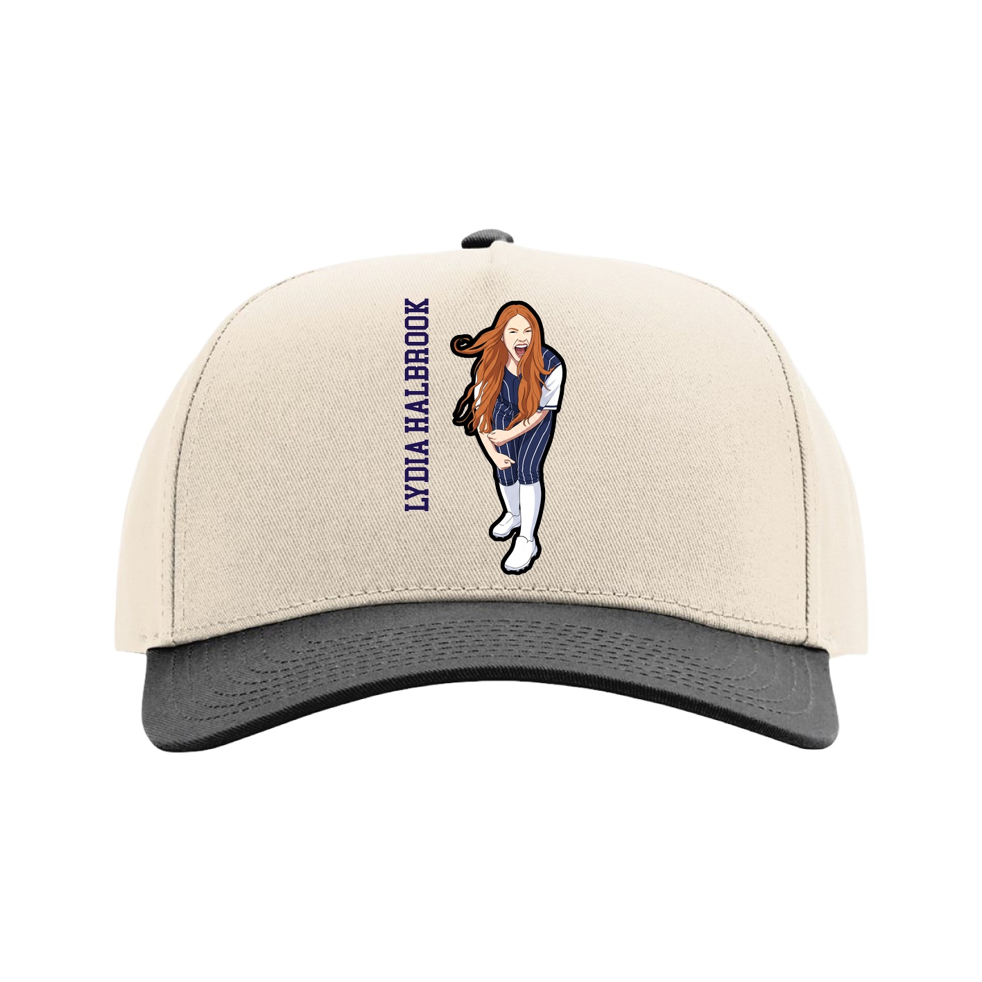 Full Fabric Five-Panel Champ Cap — Name Vertical in Cream/Black