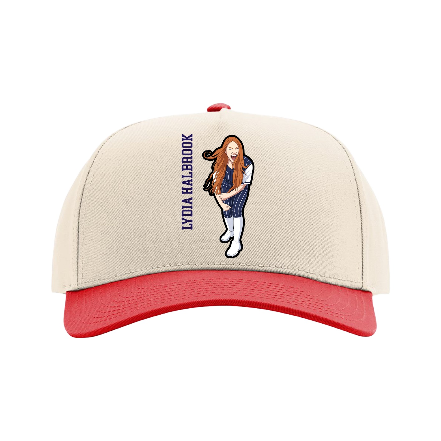 Full Fabric Five-Panel Champ Cap — Name Vertical in Cream/Red