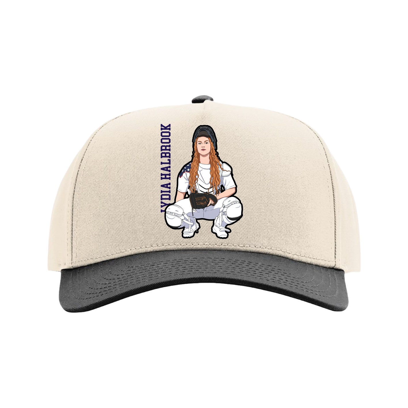 Full Fabric Five-Panel Champ Cap — Name Vertical in Cream/Black