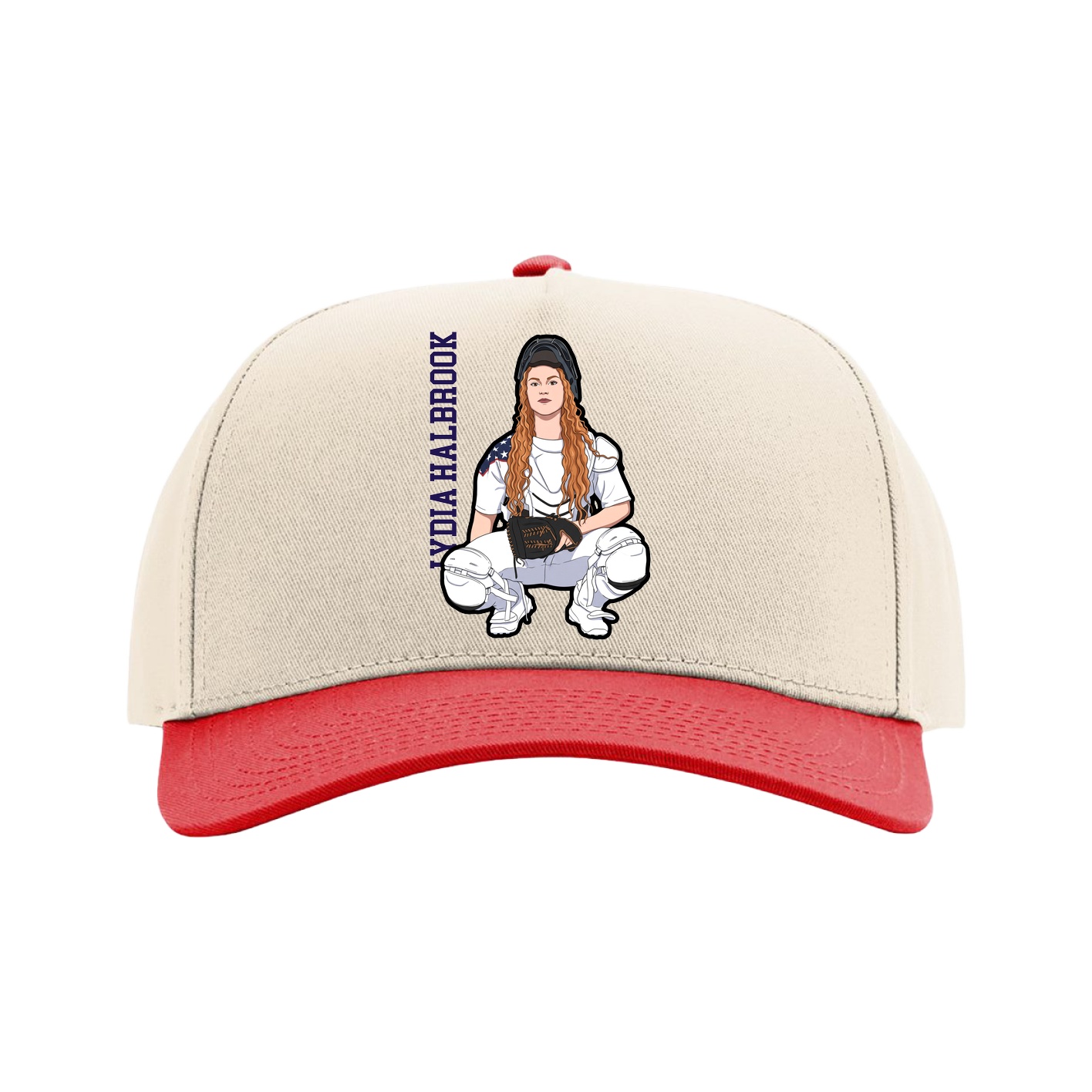 Full Fabric Five-Panel Champ Cap — Name Vertical in Cream/Red