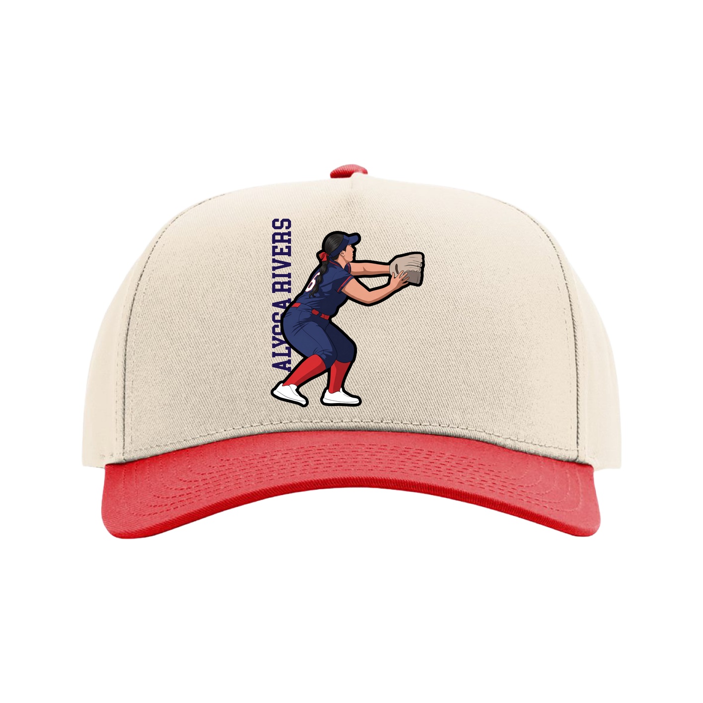 Full Fabric Five-Panel Champ Cap — Name Vertical in Cream/Red