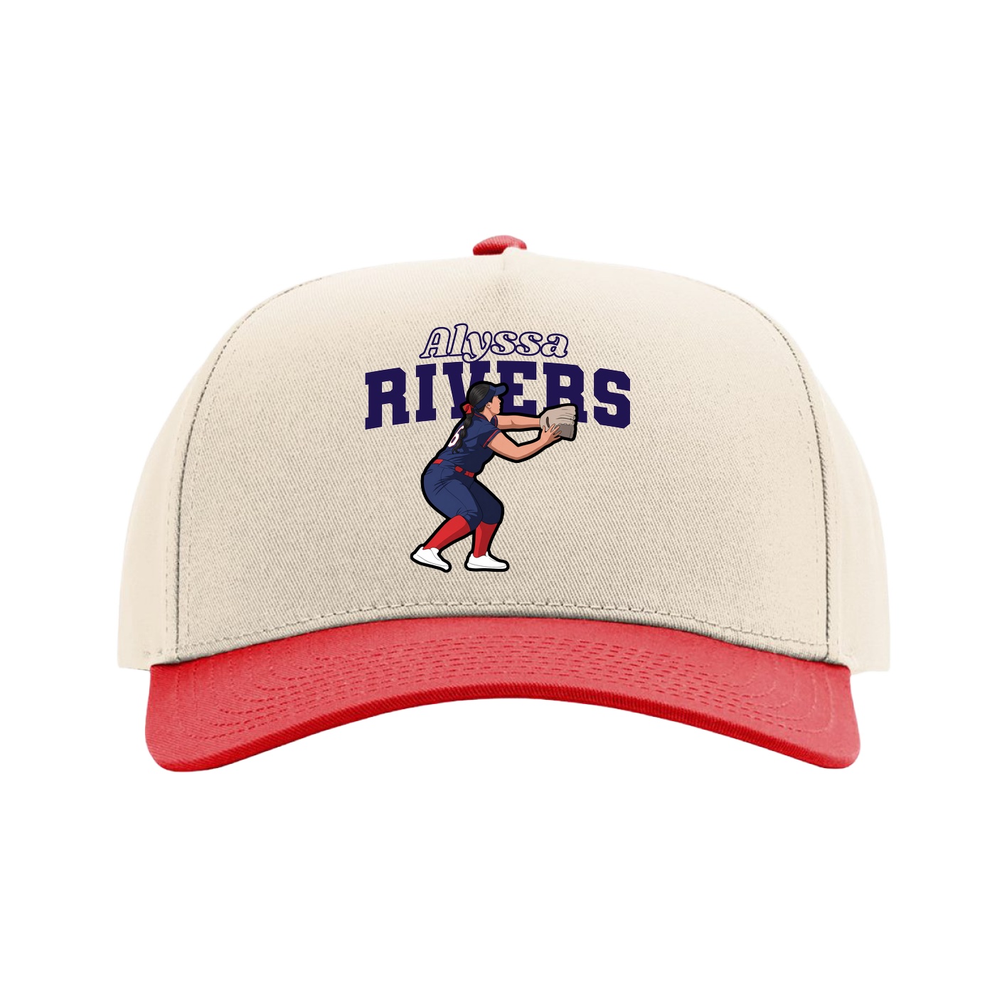 Full Fabric Five-Panel Champ Cap — Name Arch in Cream/Red