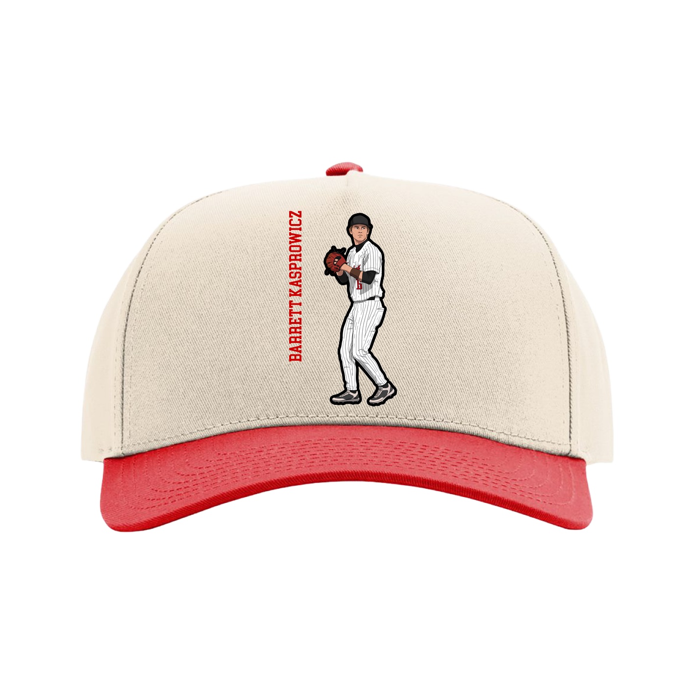 Full Fabric Five-Panel Champ Cap — Name Vertical in Cream/Red