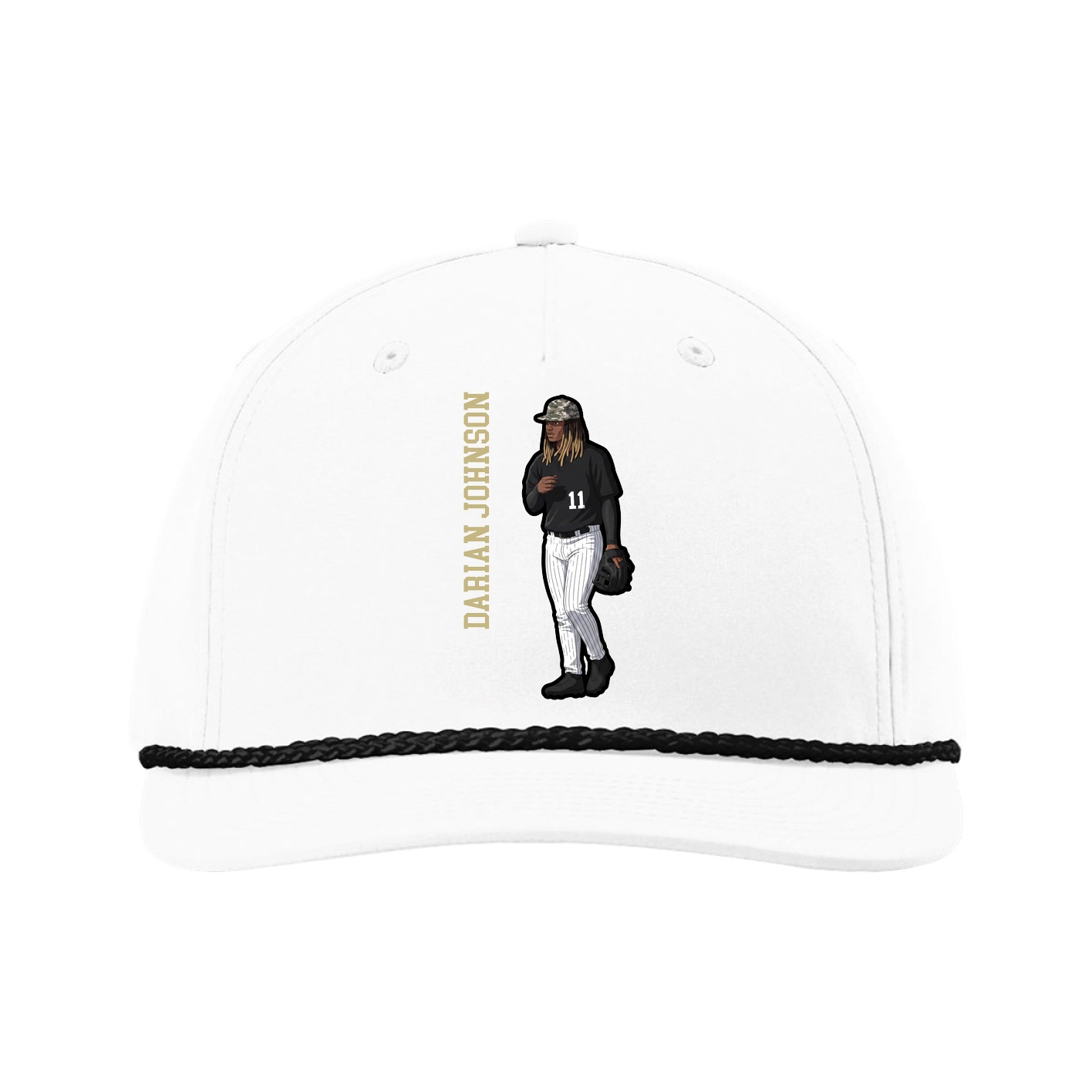 Five-Panel Classic Rope Cap — Name Vertical in White