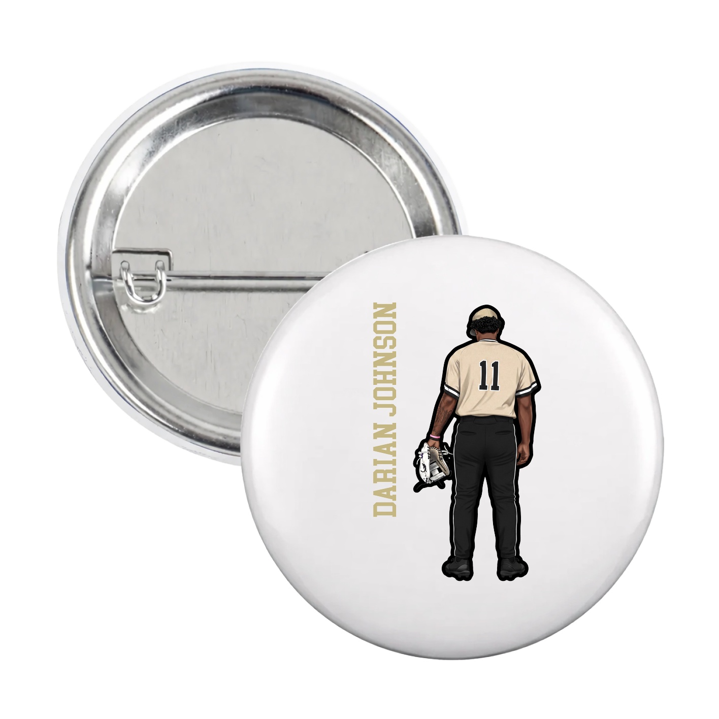 Game Day Button — Name Vertical in White