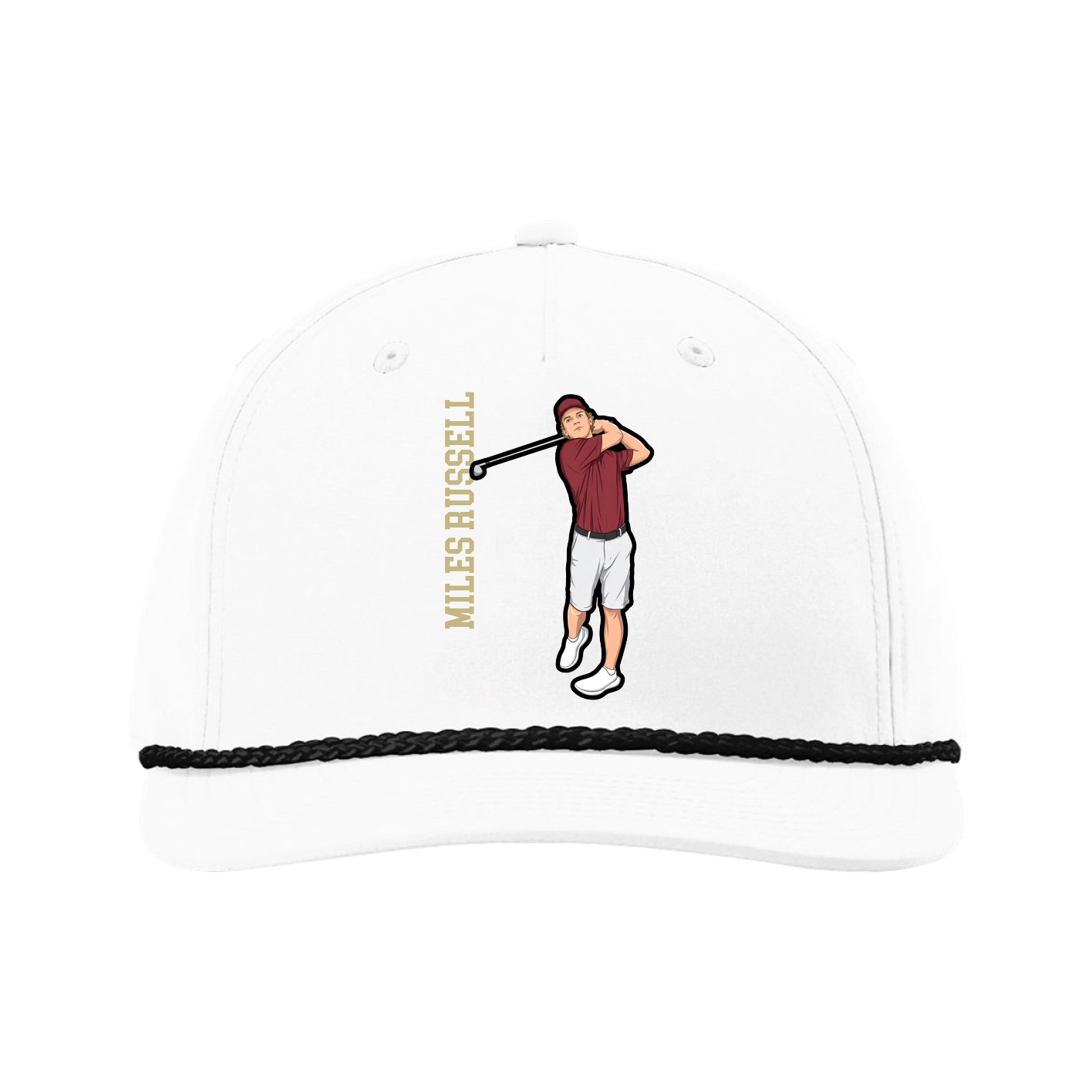 Five-Panel Classic Rope Cap — Name Vertical in White