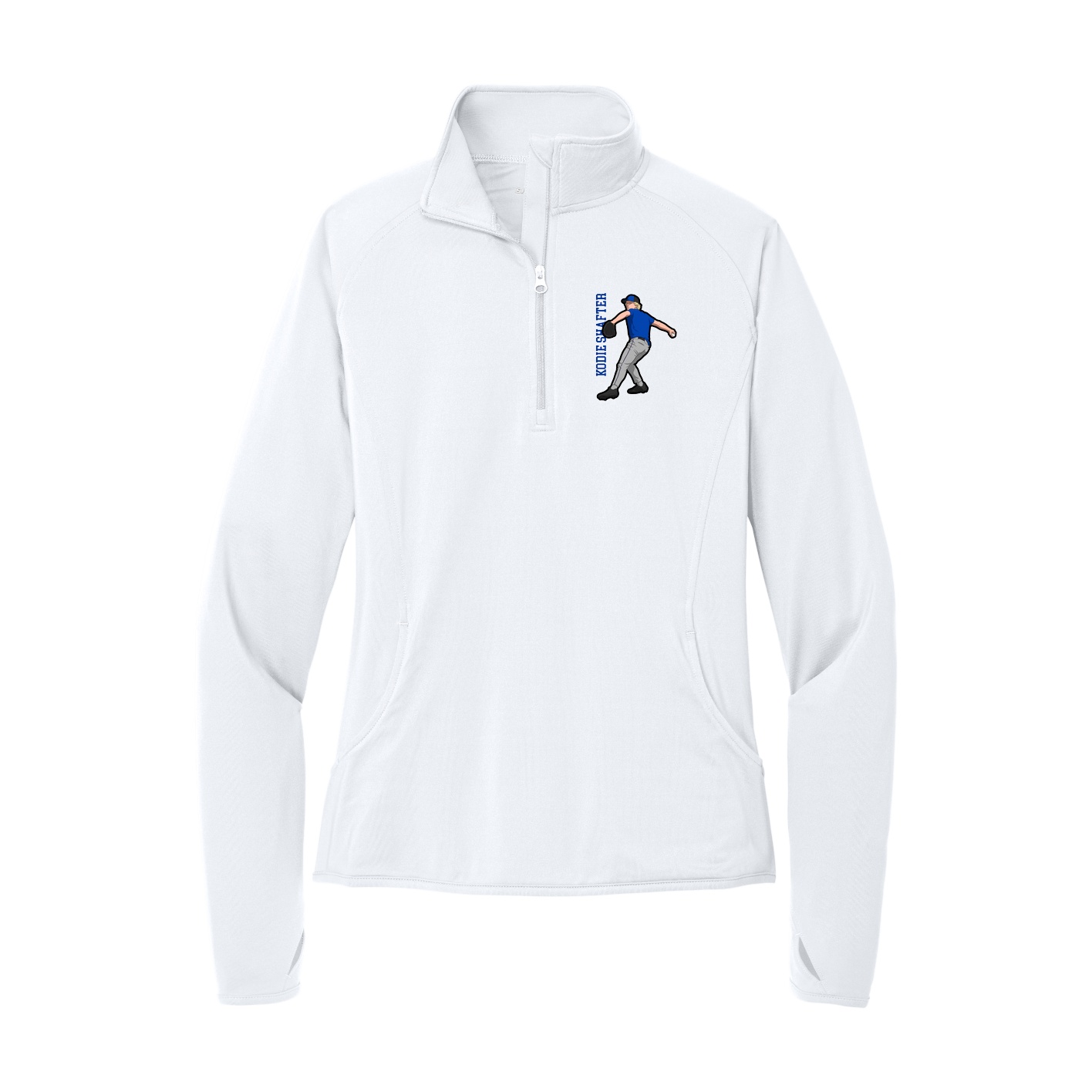 Women's Q-Zip Pullover — Name Vertical in White