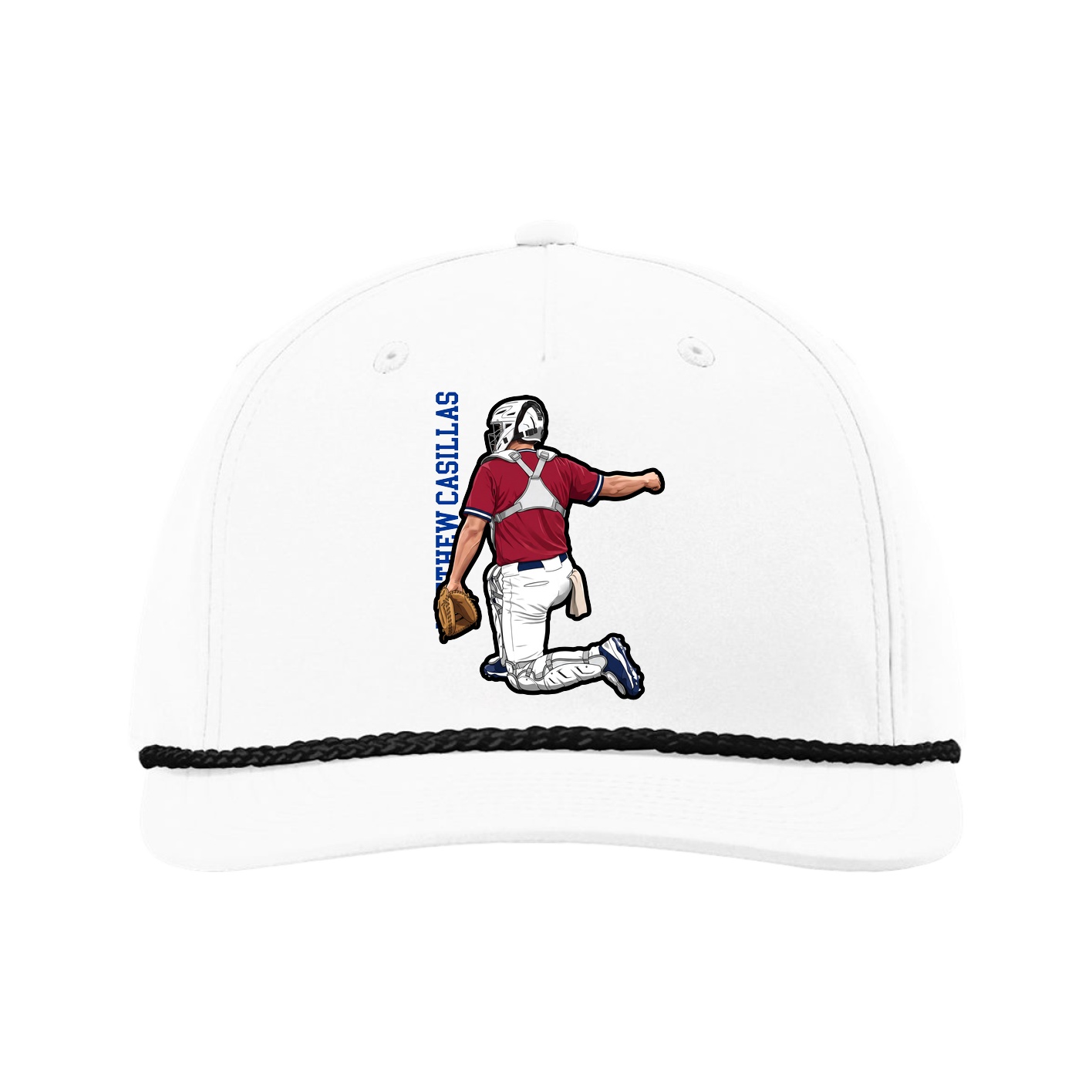 Five-Panel Classic Rope Cap — Name Vertical in White